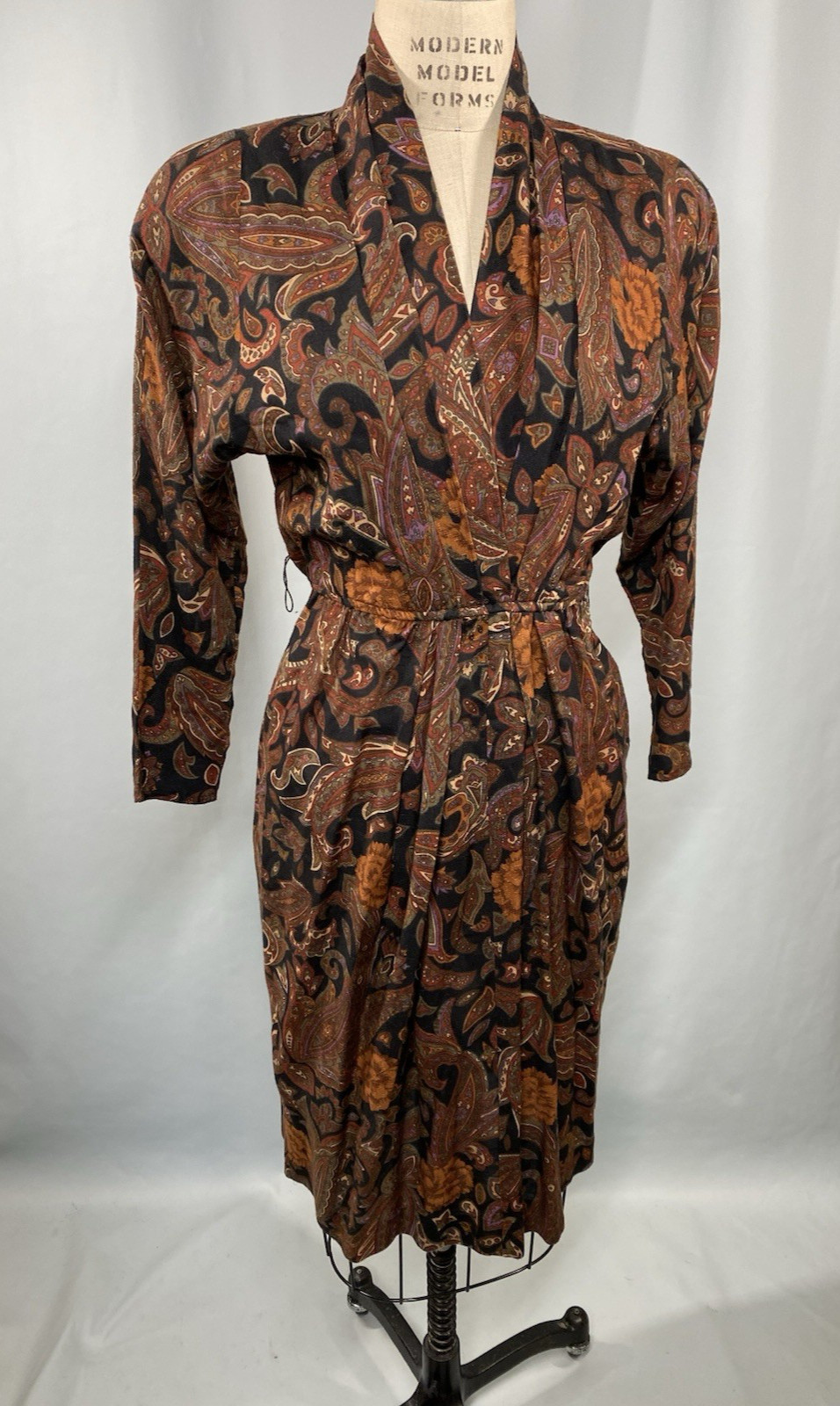 Vintage Dress SIZE SMALL paisley brown LESLIE FAY 80s 90s shoulder pad