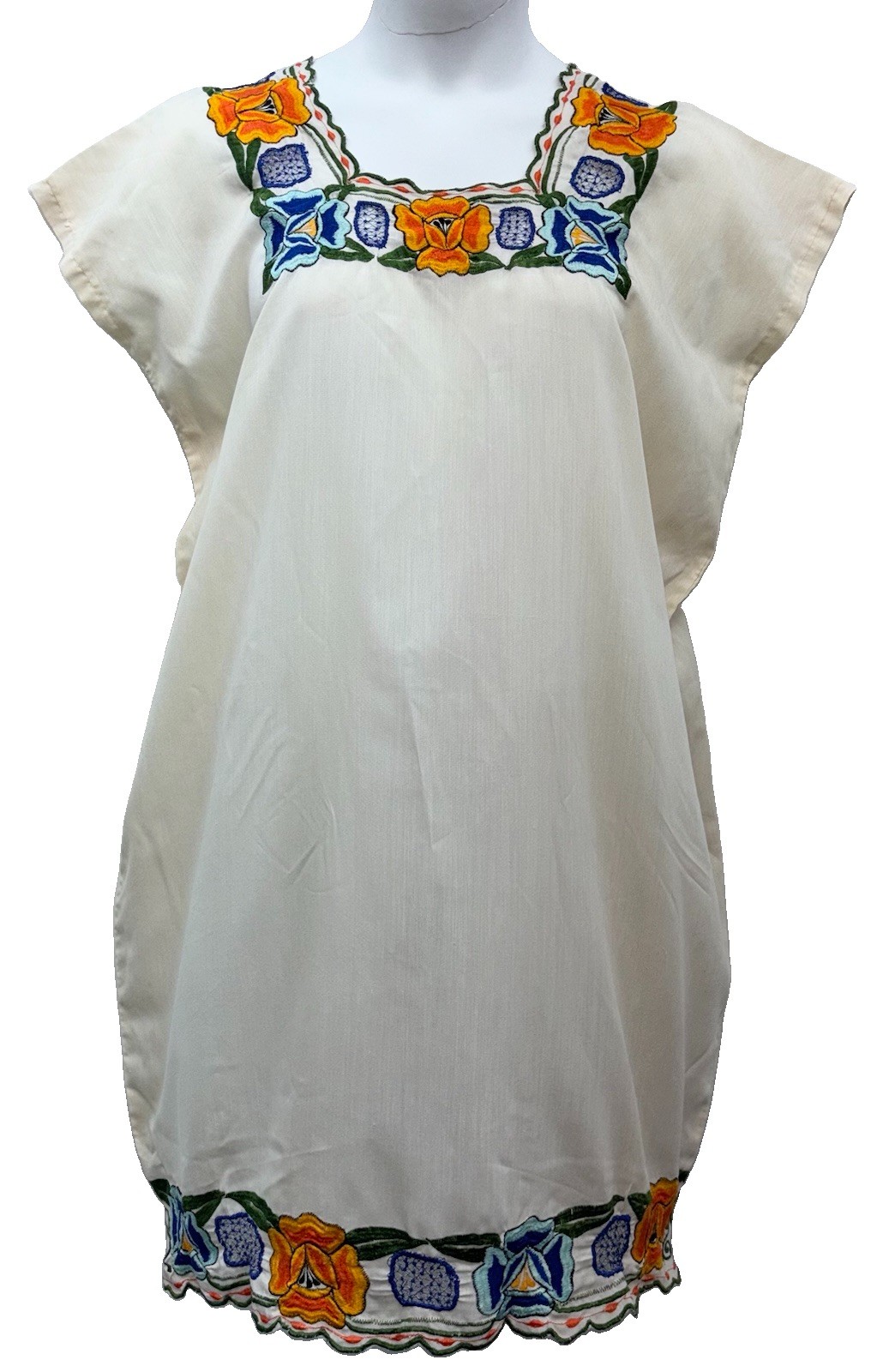 Handmade Mexican Dress Size L Pullover Embroidered Floral Neck-Bottom Hem Beige