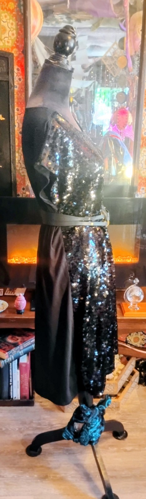 OSNT Rocker Star Alfani Sequined Festival Noir Shift Soft Flowing Belt Dress L