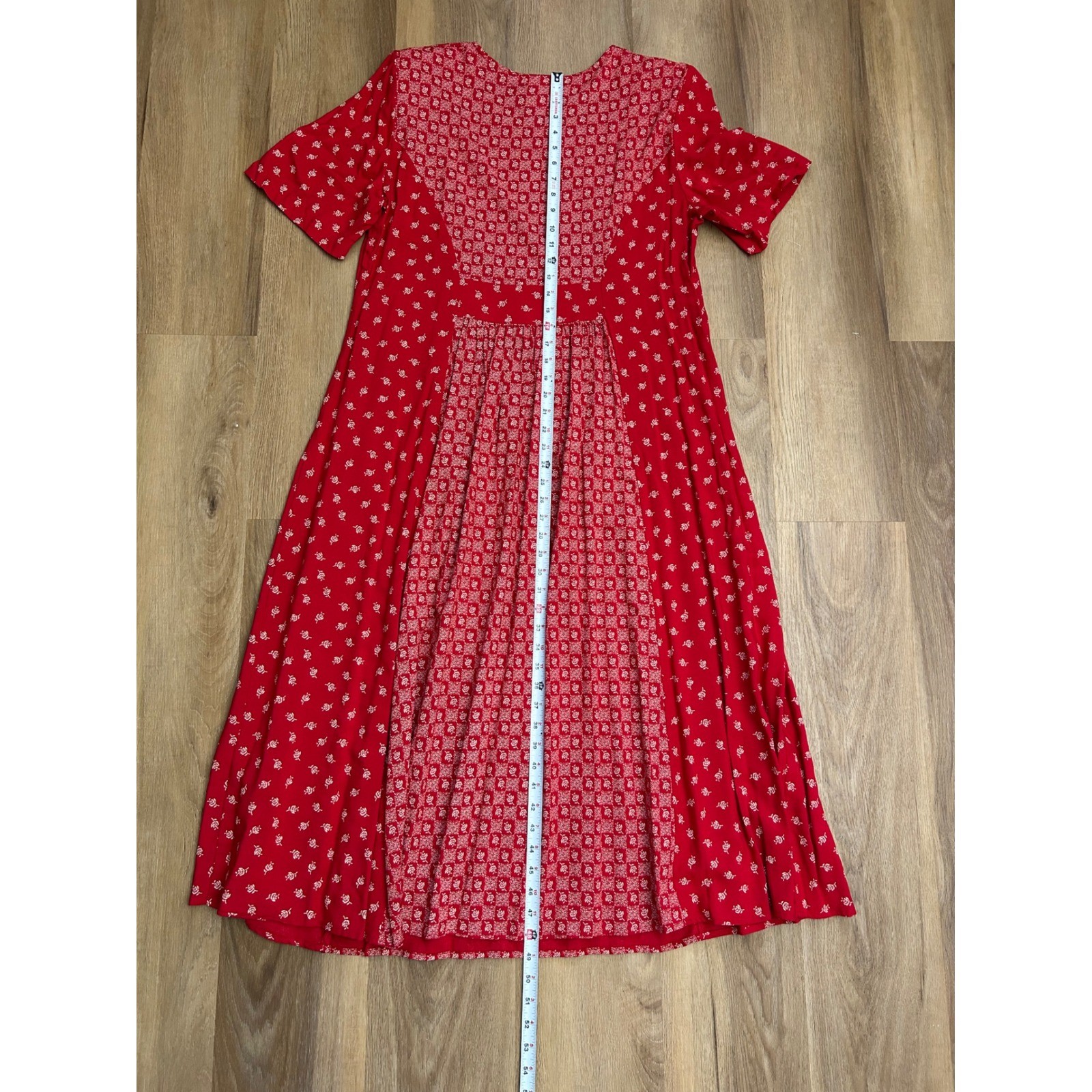 Vintage Red Floral Rayon Cottagecore Fit Flare Dress 16 housedress