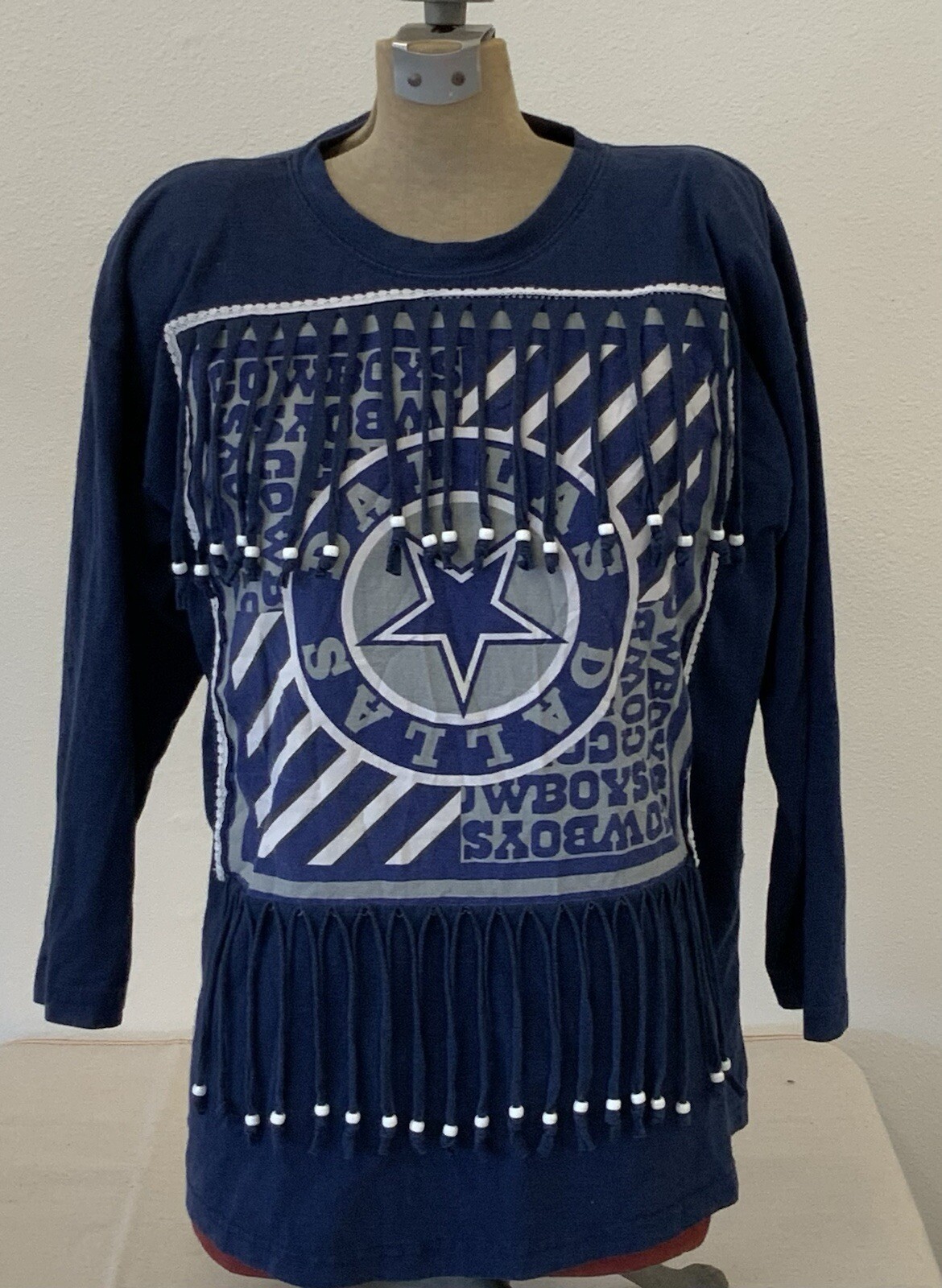 Vintage 80s Dallas Cowboys T-Shirt Osfa Fringe Western Beaded Quarter Sleeve NFL