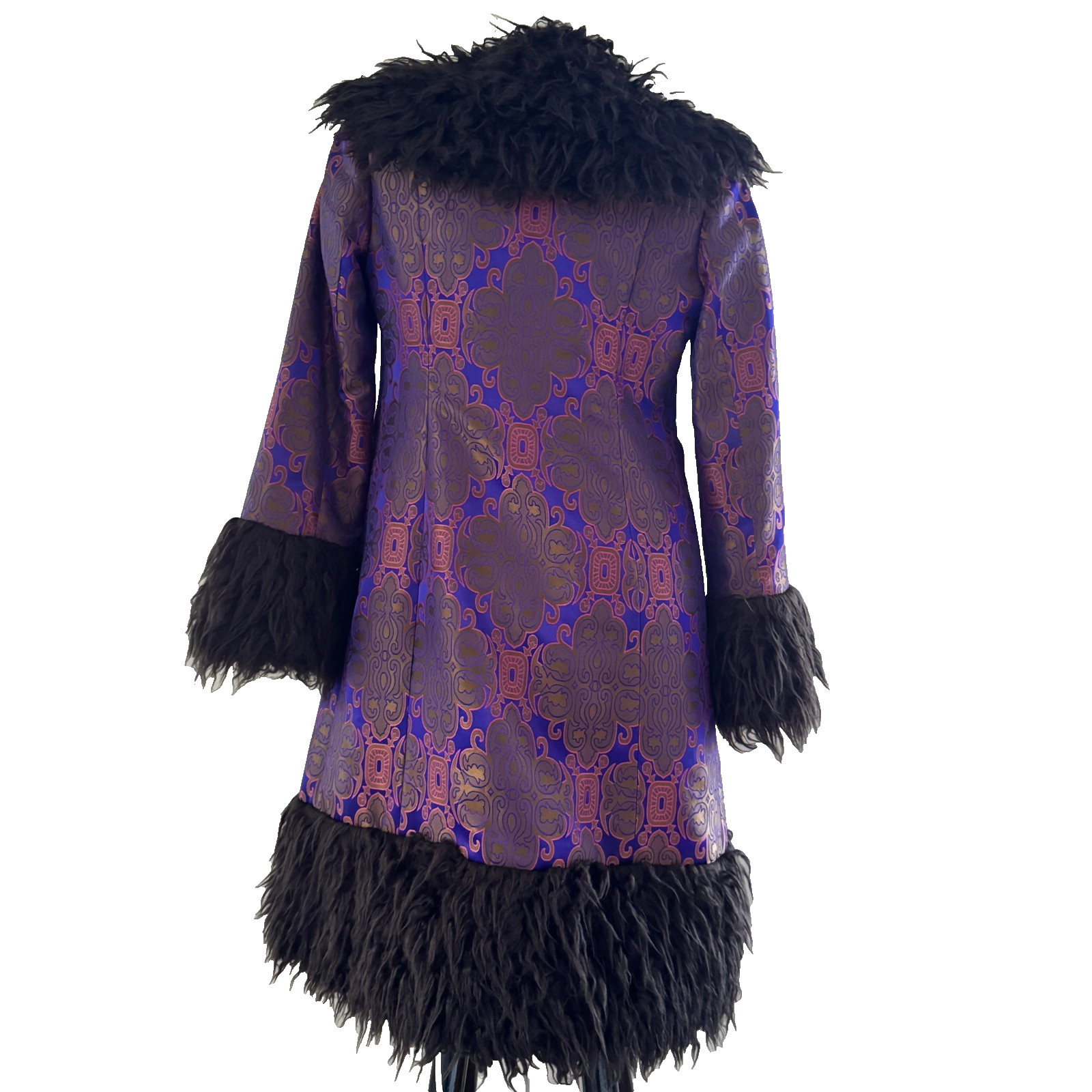 90s vtg VIVIENNE TAM Purple Gold IRIDESCENT Brocade Rave Penny Lane Fur Coat Y2K