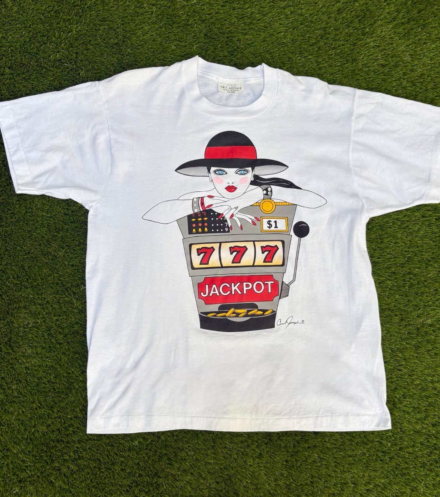 Vintage Carol Joseph 777 Jackpot Casino T-Shirt Art Attack Las Vegas Gambling L