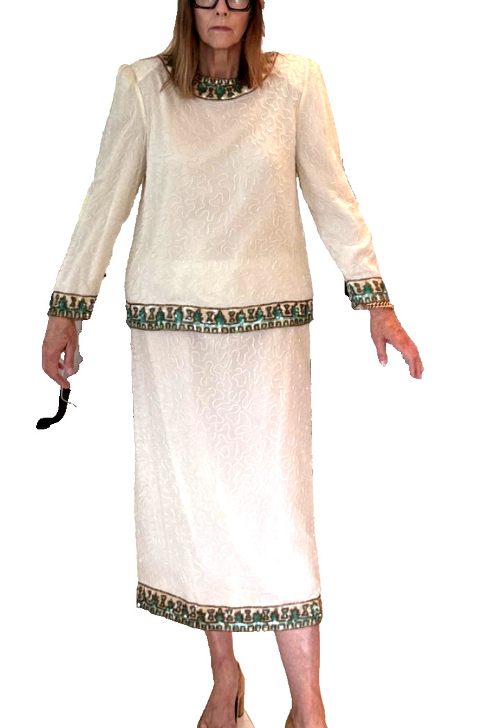 Vintage 70’s Women’s Dressy Scala 100% Silk Beaded Blouse and Skirt Set LG