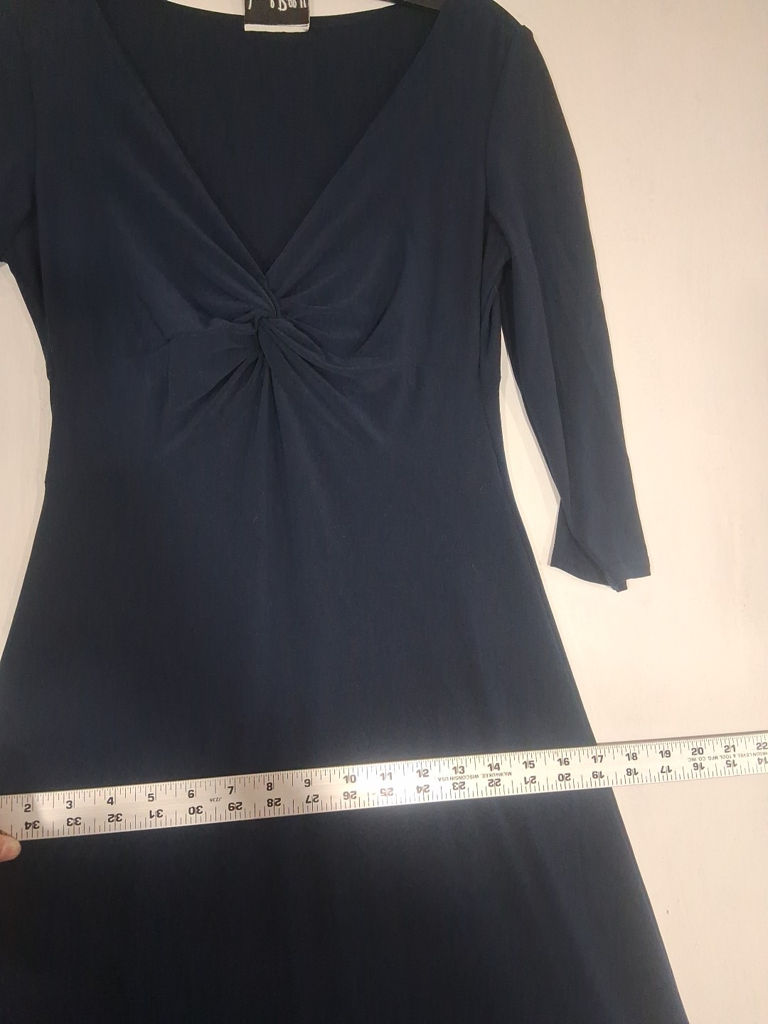 Vtg 80s Joseph Ribkoff Dress Size 8 3/4 Sleeve V Neck Navy Blue Stretch Slinky