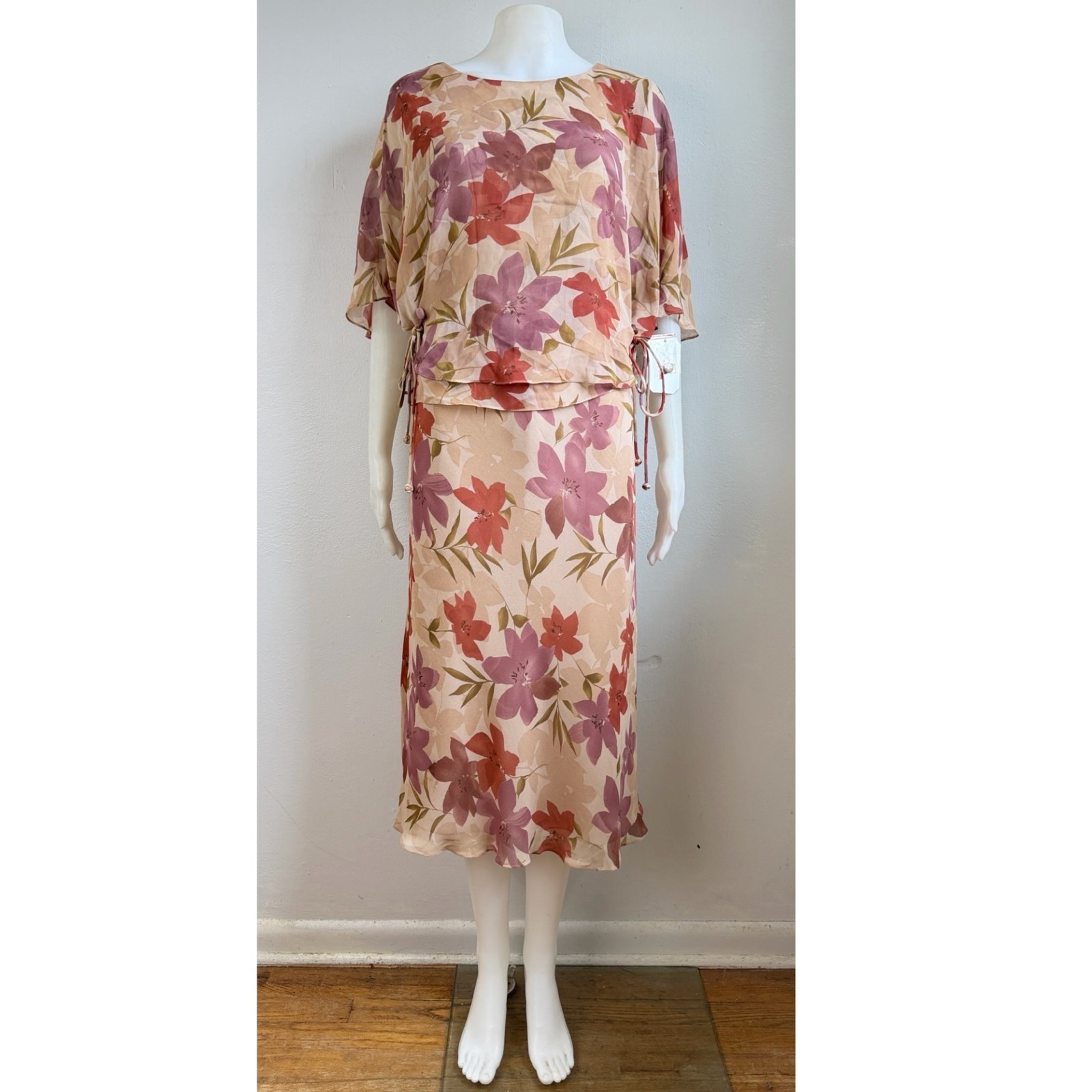 Vintage 100% Silk Floral Skirt Top Set Size XS/Small 6 Two Piece Outfit Batwing