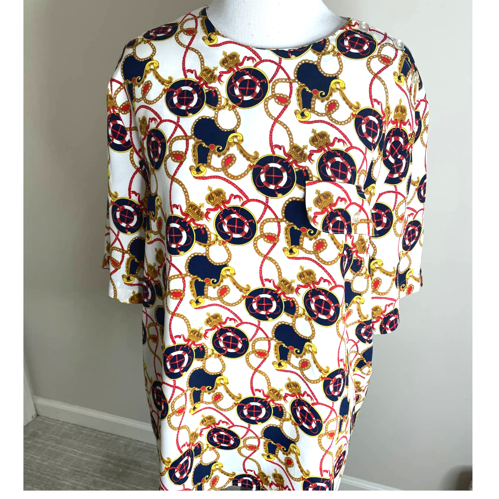 Vintage Blouse Haberdashery Leslie Fay Womens Shirt 12 Career Blue Cream Red