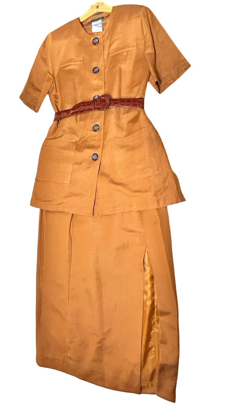 VTG Harve Benard 3pc Slit Skirt Suit Women Size 14 Camel Tan Short Sleeve Jacket