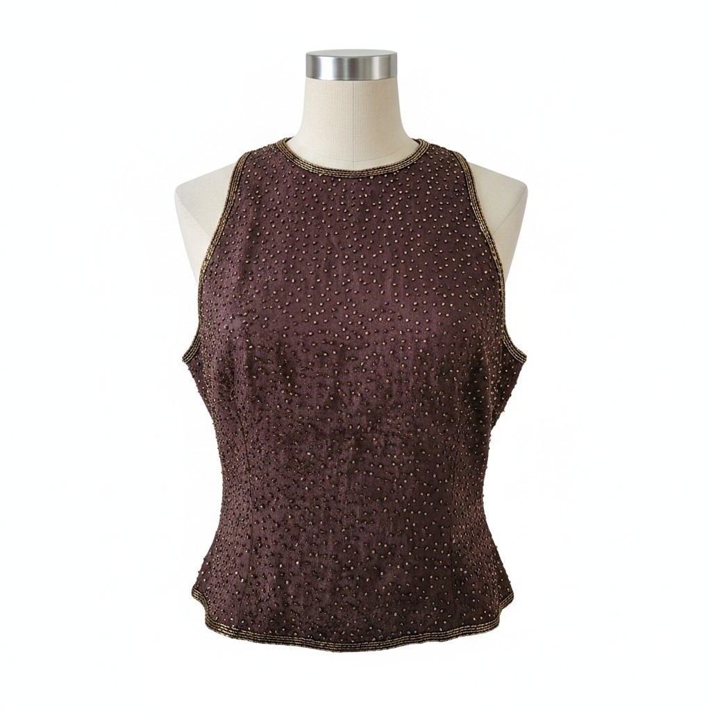 Jasjas Designs New York VTG Women’s Silk Beaded Sleeveless Sequin Top BROWN XL