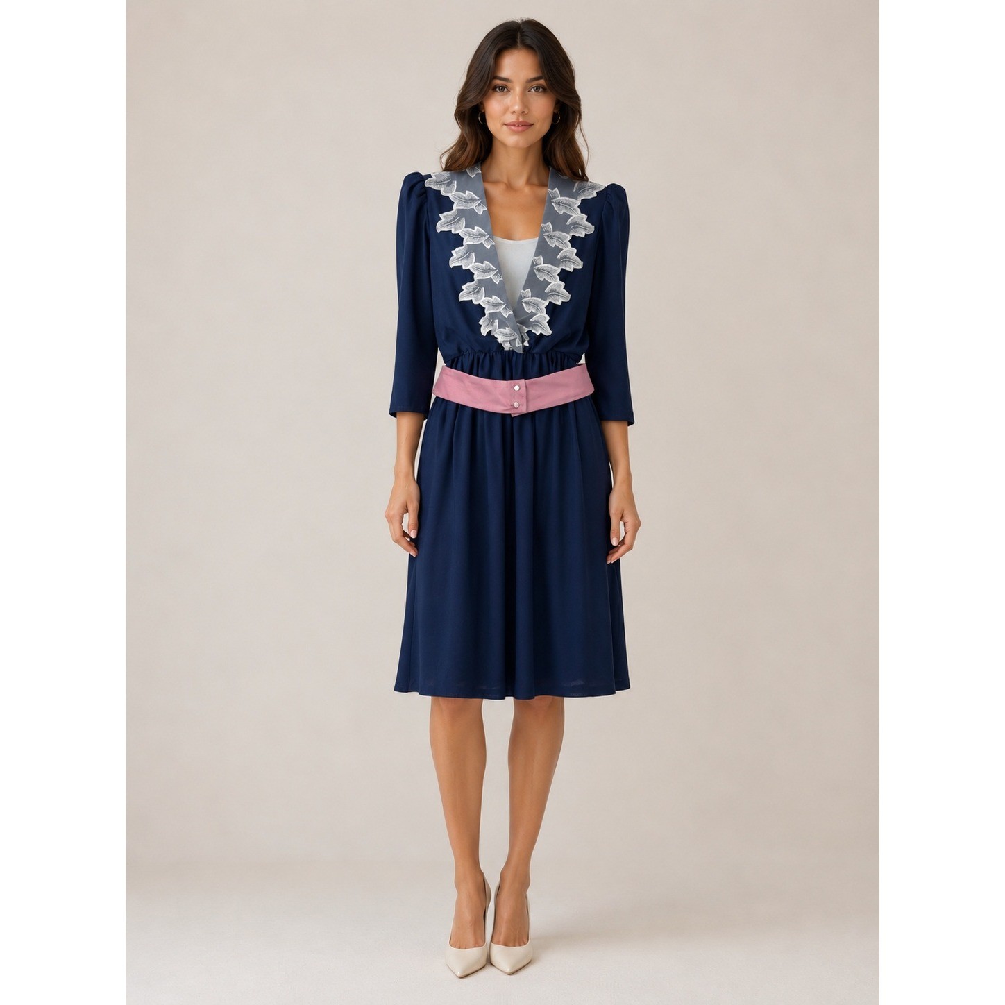 Jenny Petites Vintage Midi Dress 90s Prairie Coquette Navy Blue Polyester Size 6