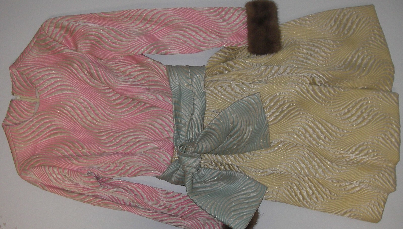 Vintage 1960s Kiki Hart Saks Fifth Ave Brocade Dress Mink Fur Cuffs Sash Belt