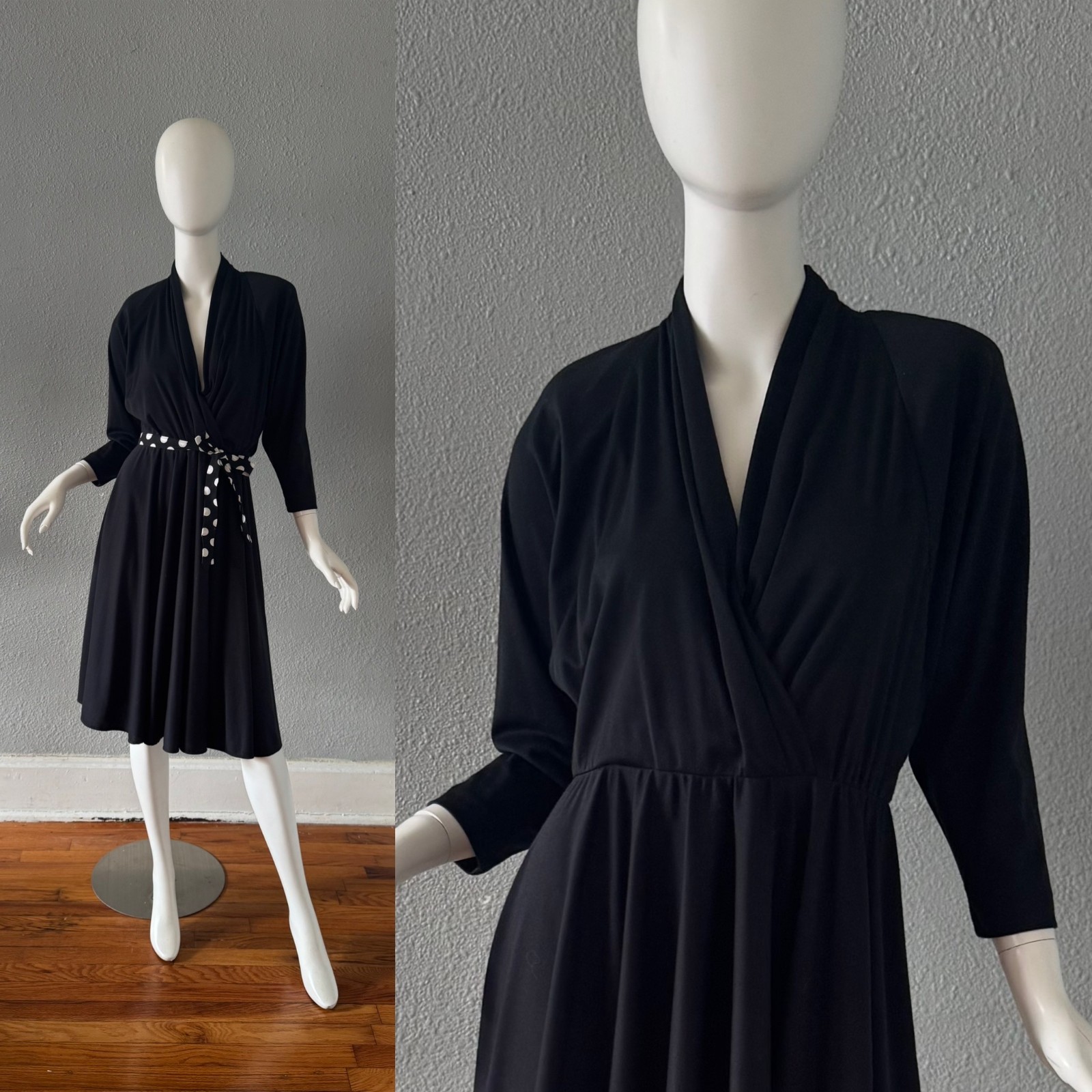 Vintage 80s Black Faux Wrap WILLI Full Skirt Shirt Dress M/L