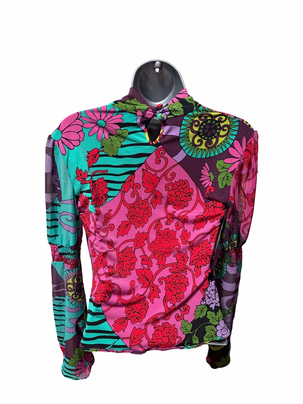 Bisou Bisou Michele Bohbot Mock Neck Blouse Bold Psychedelic Floral Print Medium