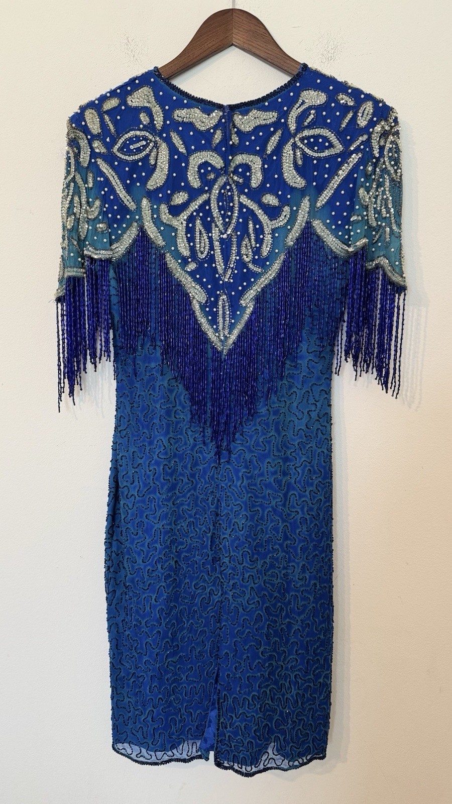 Sweelo Sequin Beaded Silk Formal Evening Dress 8-10 Fringe 80s Vintage Gatsby