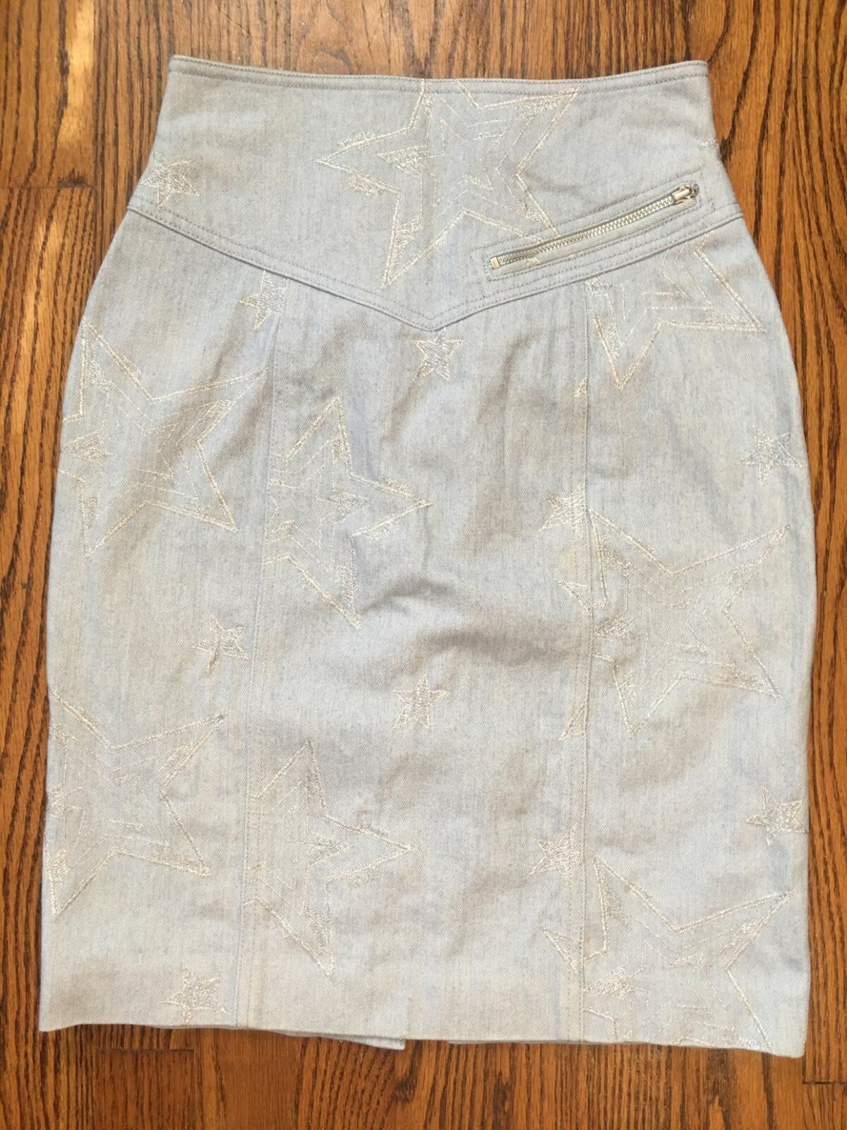 Vintage Embroidered Denim Pencil Skirt. Silver Stars. Western. XS S 0 2
