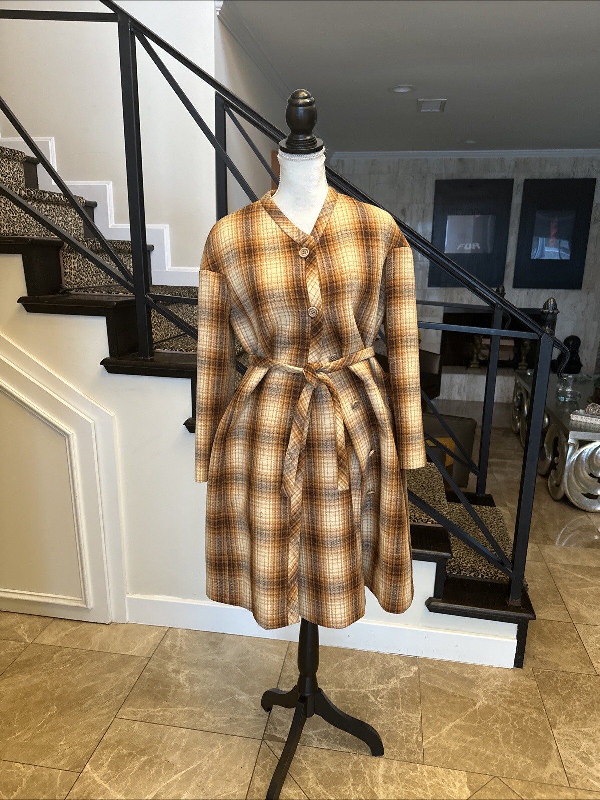 Jacques Tiffeau 60s Brown Tones Wool Blanket Plaid Coat & Pleated Skirt Set S