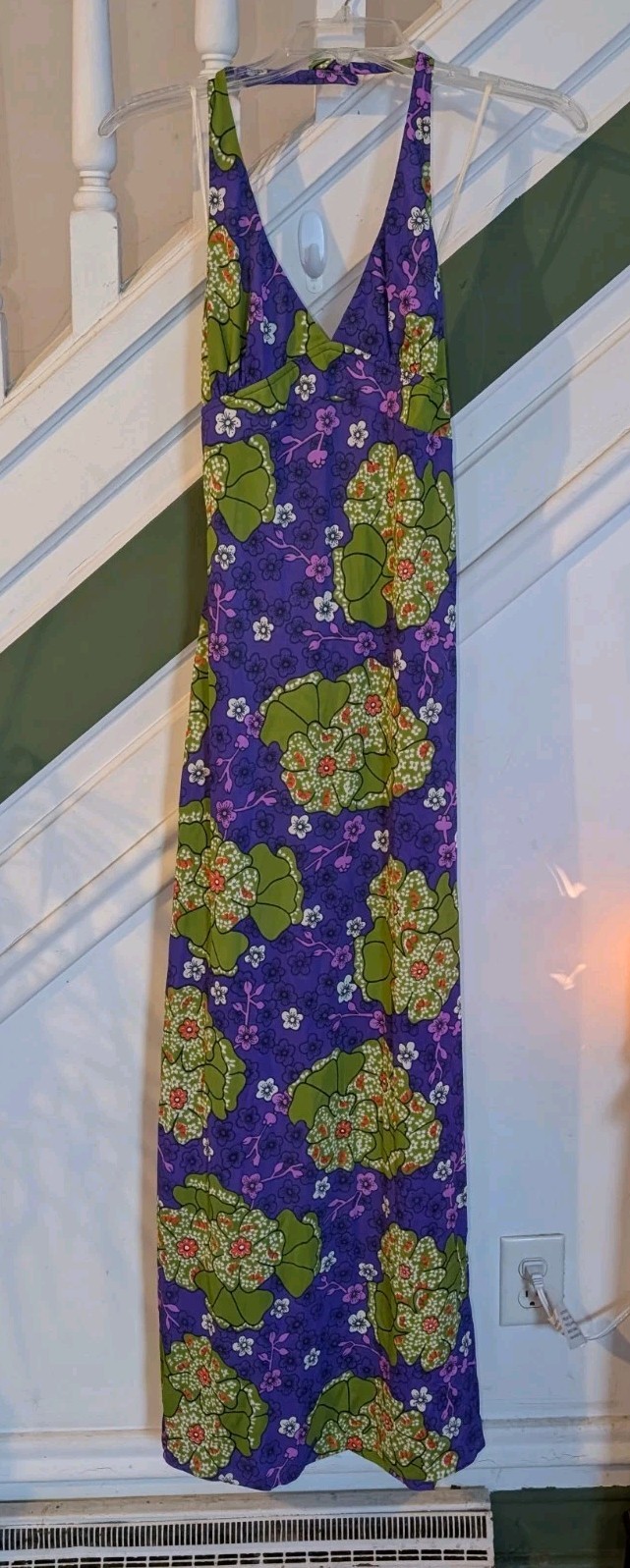 Vintage 70s HOUSE OF NINE Floral Halter Maxi Dress S Nylon Az 7 Green Purple