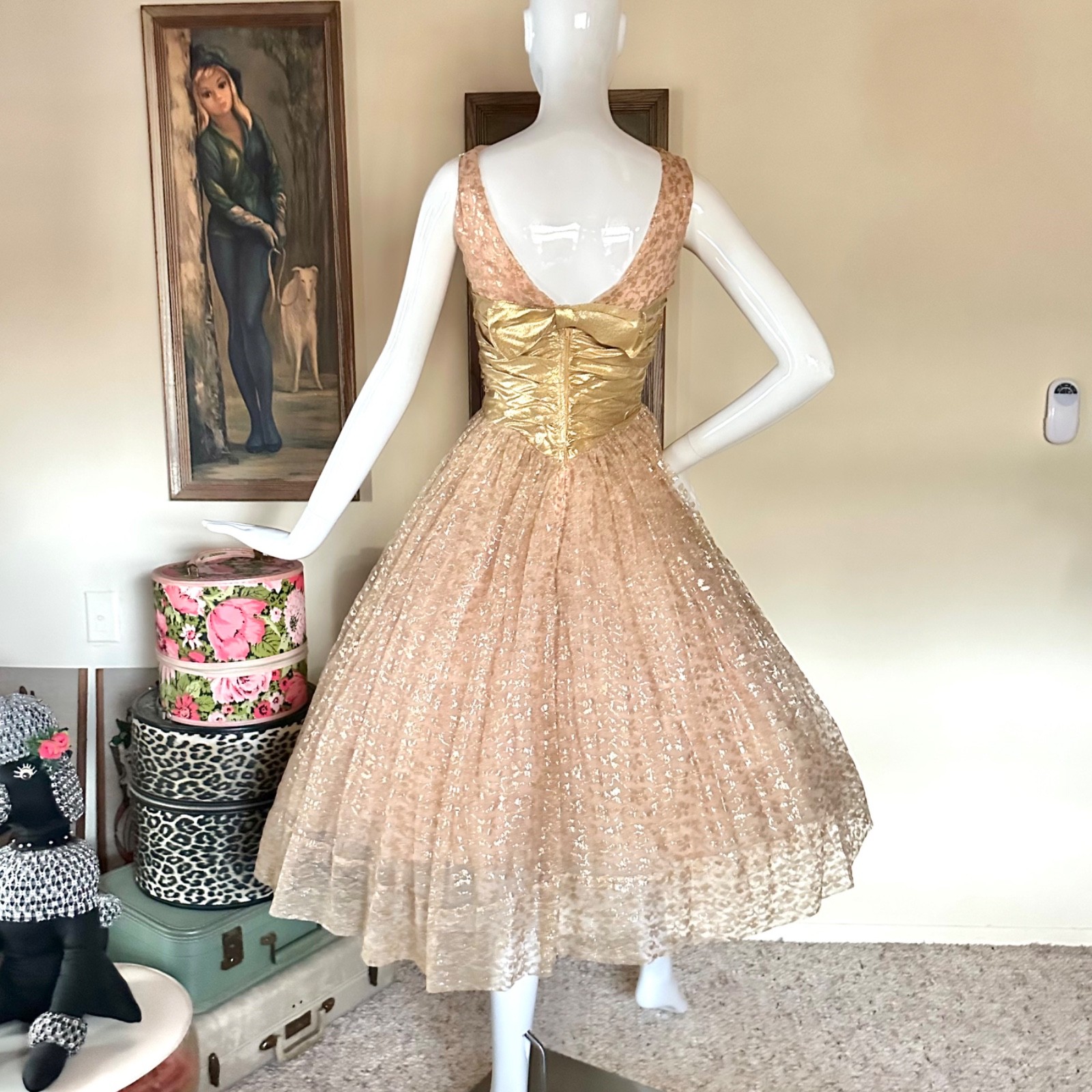 Vintage 1950s Gold Champagne Tulle Cupcake Prom Queen Dress VLV Wedding Gown XS