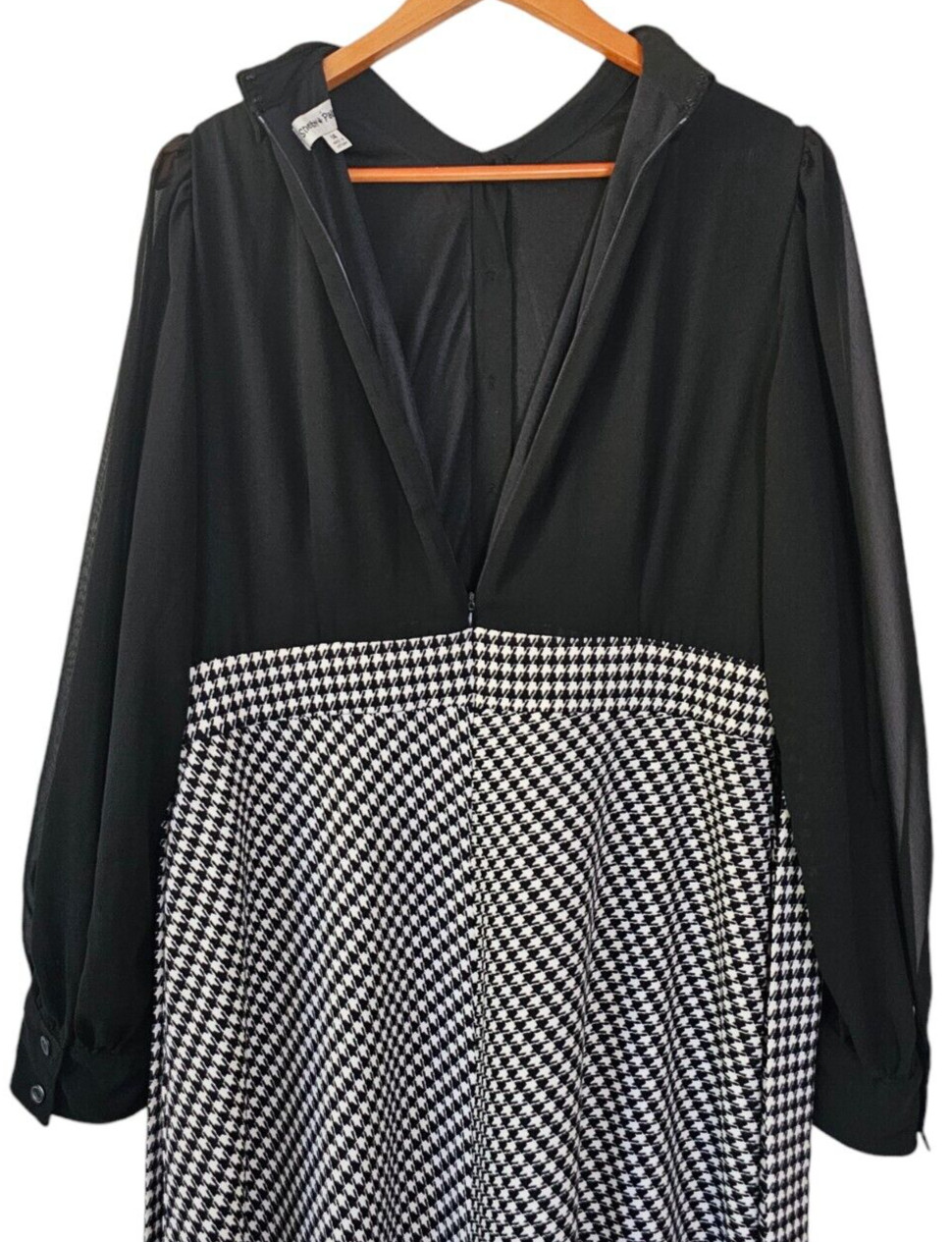 Vtg Shelby & Palmer Women’s Dress Black White Checker 90s Sheer Sleeves Sz 14
