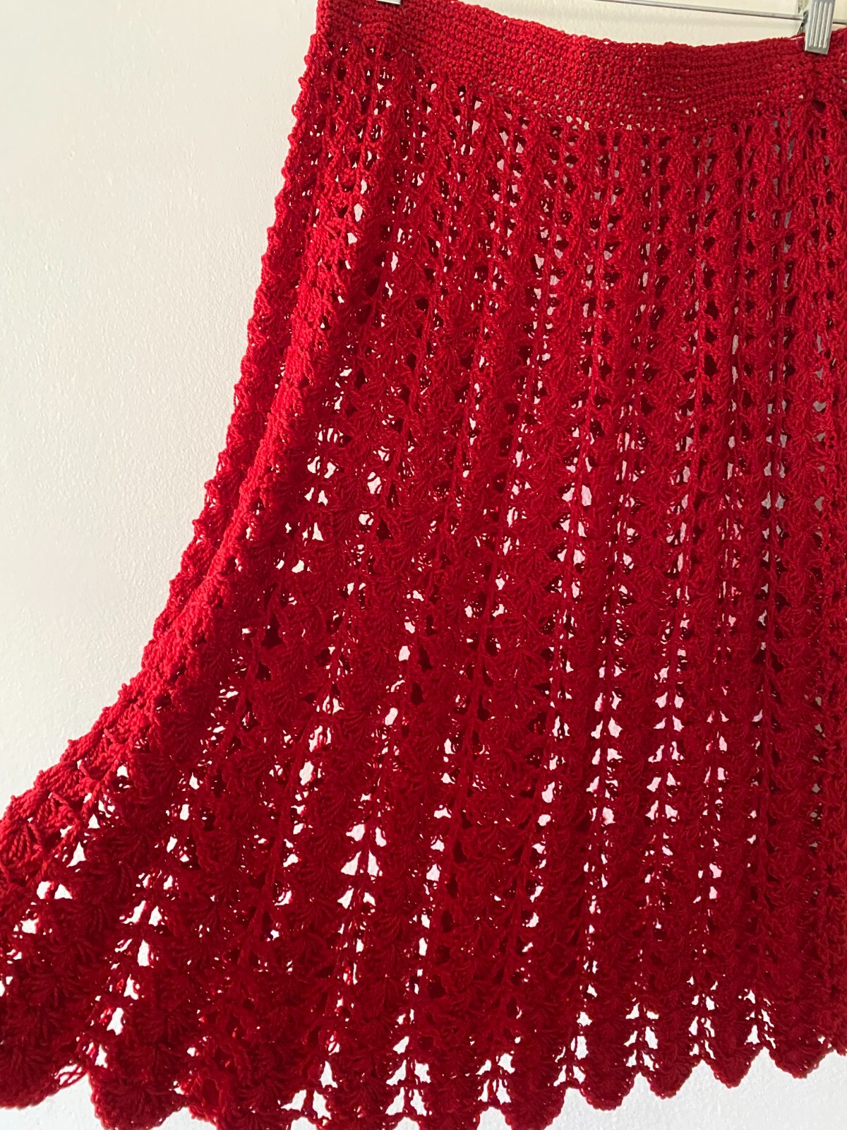 Vintage 1970s Red Crochet Handmade Midi Skirt Boho Retro Chic S/M