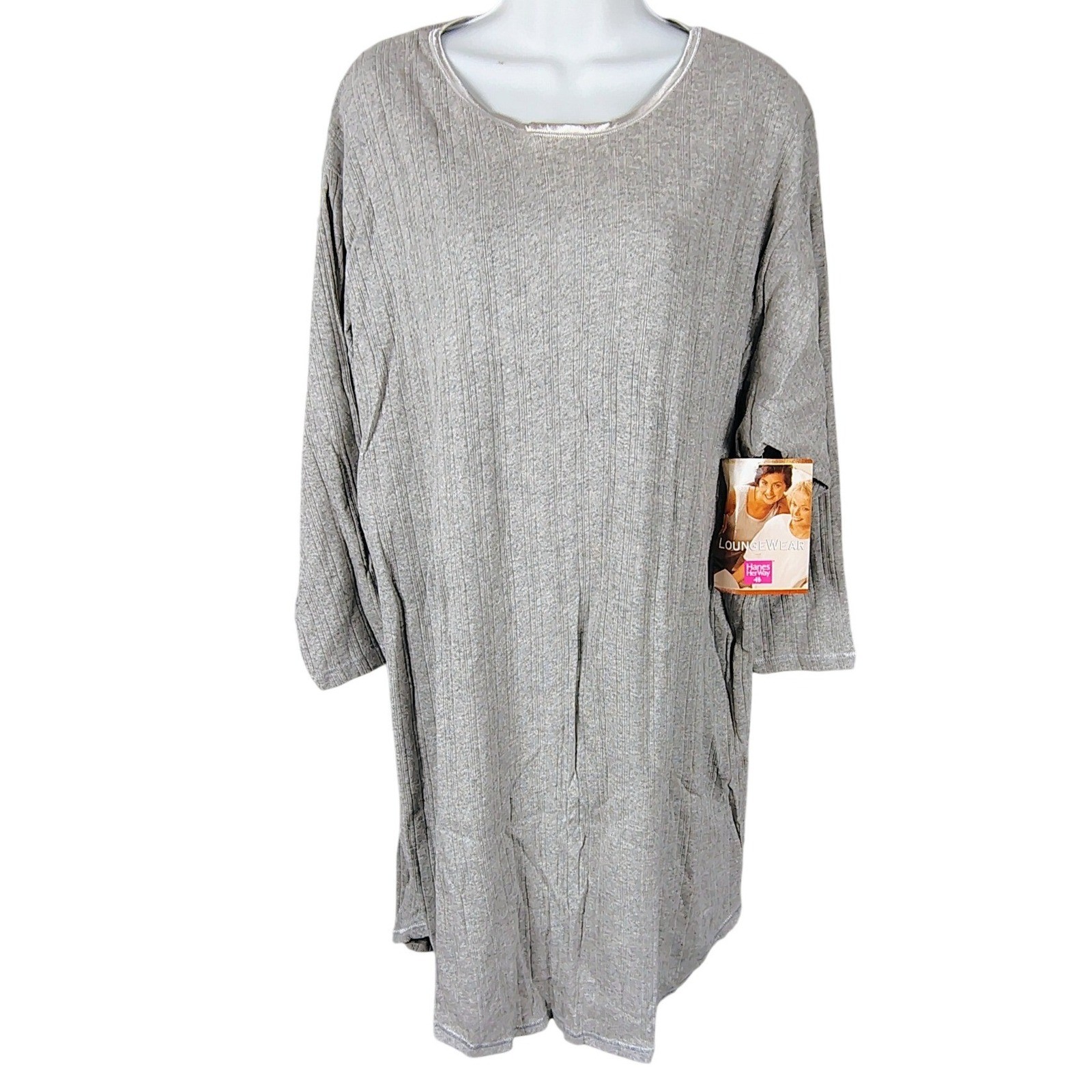 Hanes Her Way Vintage 1996 Loungewear Sleepshirt Gray Ribbed 90d USA monest NOS