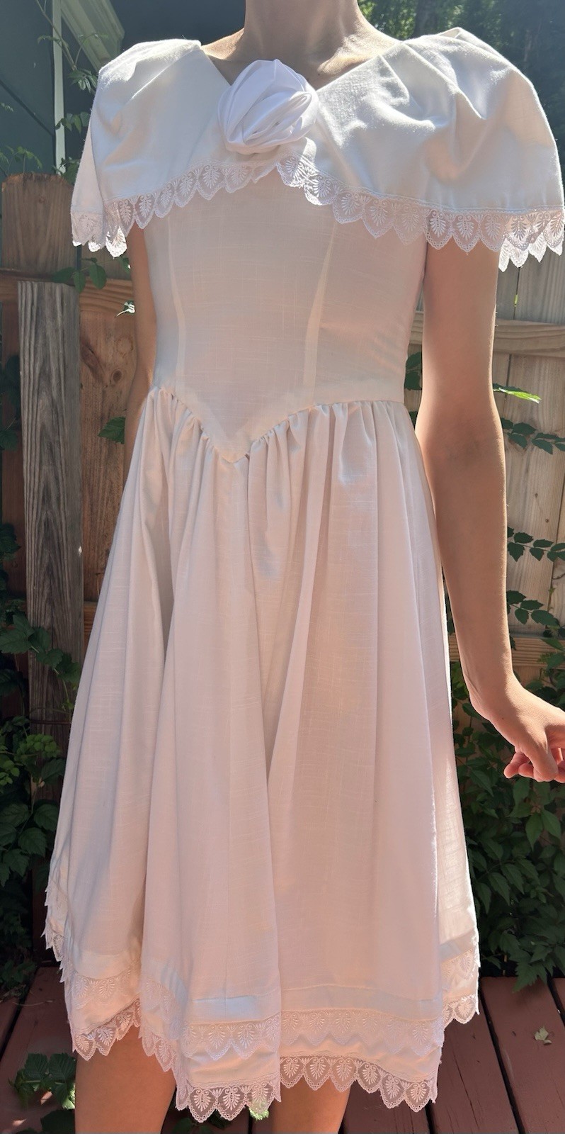 Vintage White Romantic Prairie Dress Small Bow Back Basque Drop Waist Cottage
