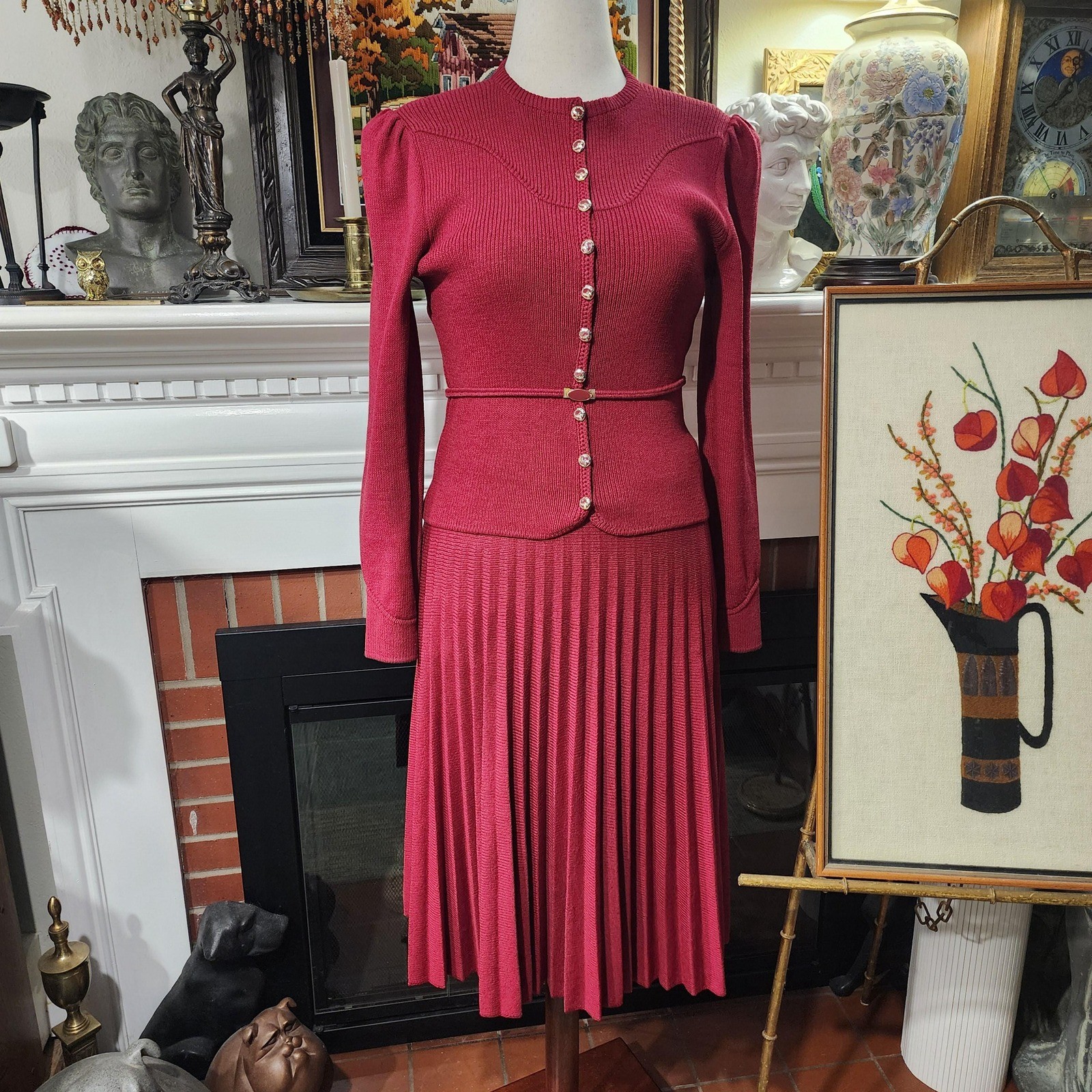 Vintage St John Marie Gray Red 3 Piece Knit Set Top Skirt Belt 60s Medium