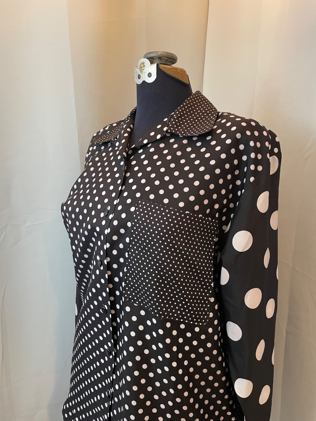 Vintage Mixed Polka Dot Blouse Black and White 1970s Circus Core XL