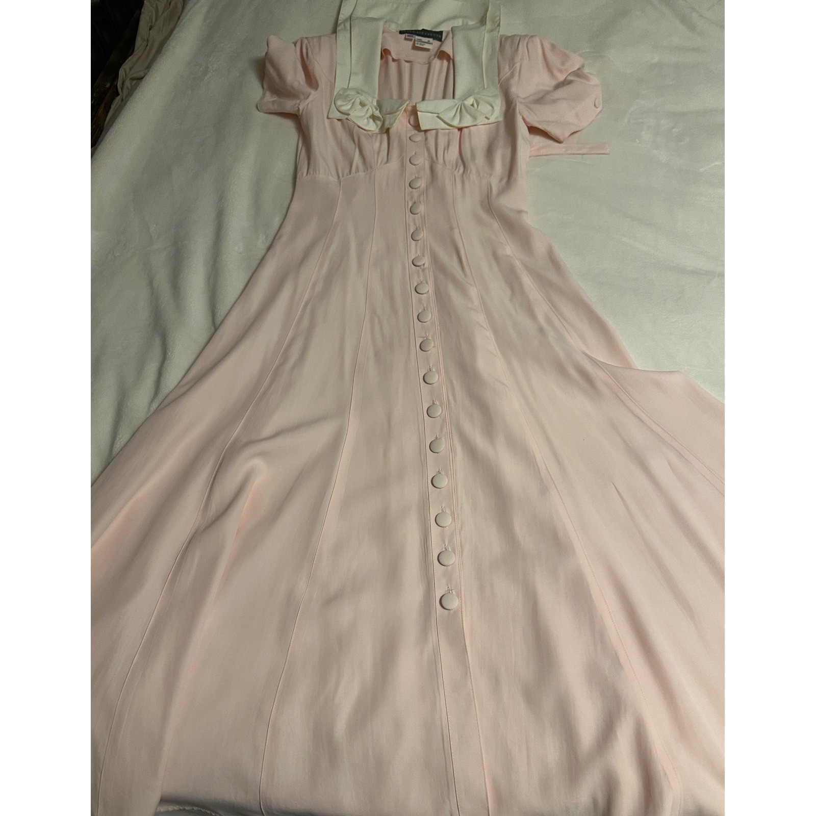 Vtg Karen Alexander 8 Pink Sailor Collar Maxi Dress Bows Button up Cottagecore