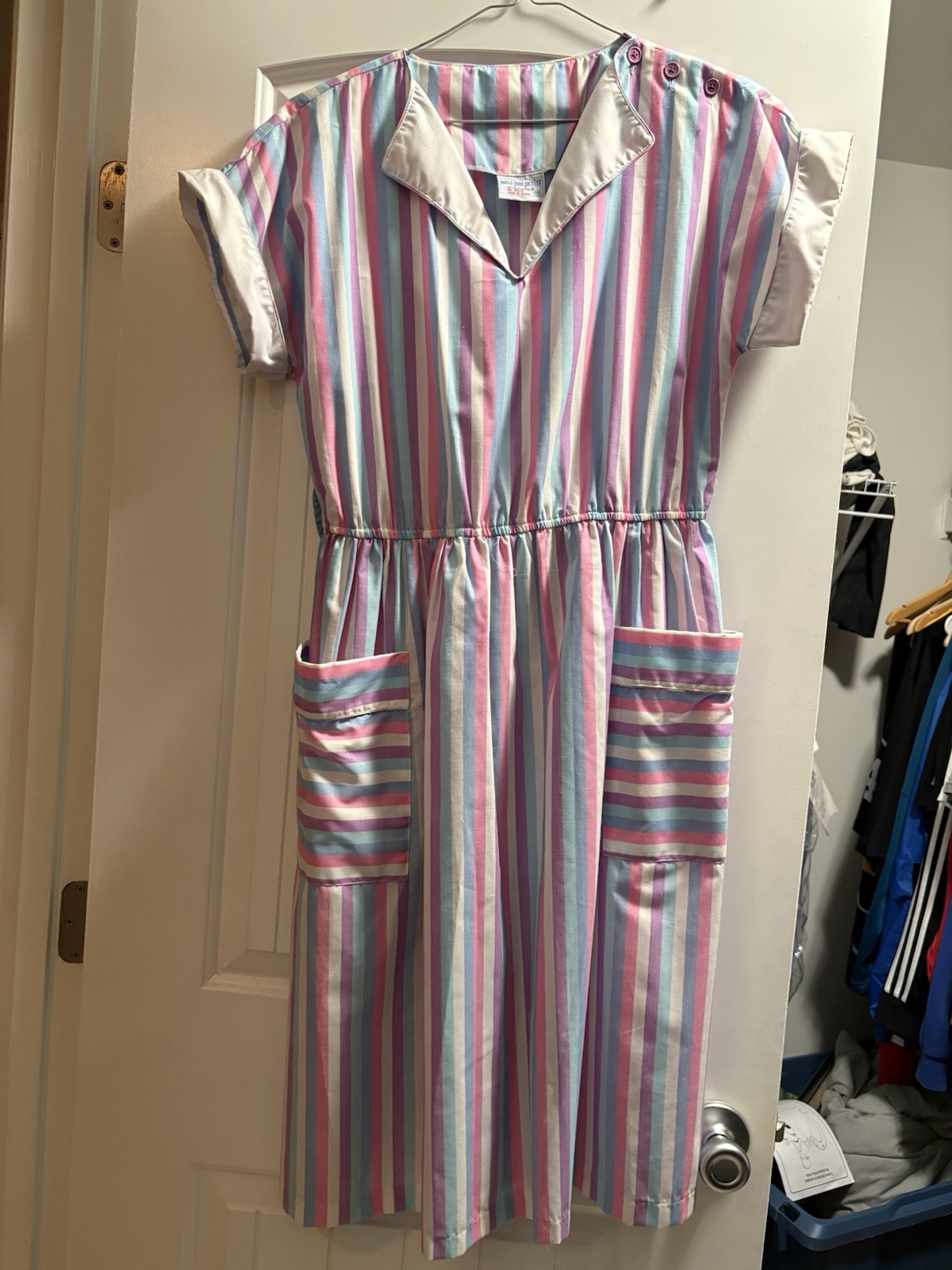 Joni petite Vintage Striped Cotton House Dress Pink Blue White Purple Pockets