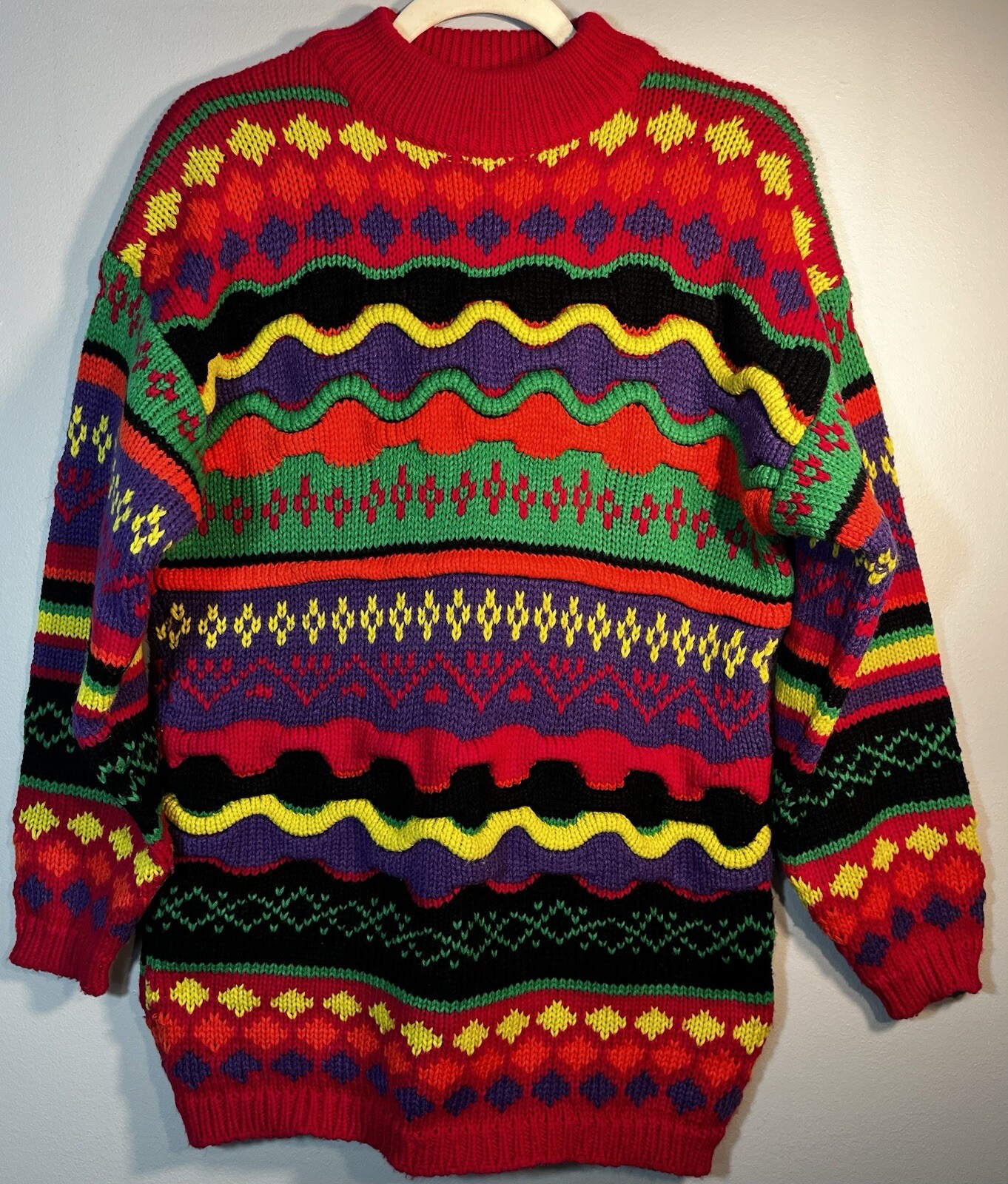 VTG 80s Jamie Scott Coogi Like Sweater Womens M Multicolor 3D Wavy Knit Colorful
