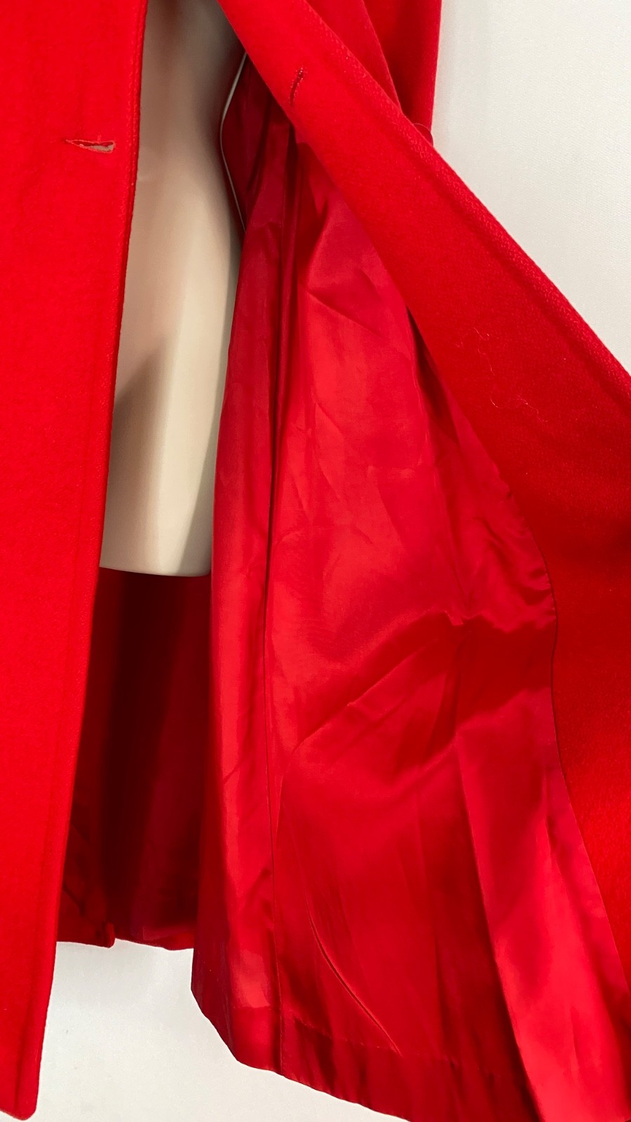Vintage 1970s red wool trench coat jacket XS S long collar pea pockets JILL JR