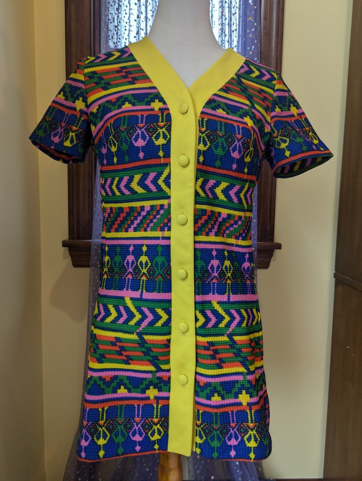 Vintage 70’s Hippie Funky Novelty Neon Rainbow Yellow Poly Tunic Top Size S/M