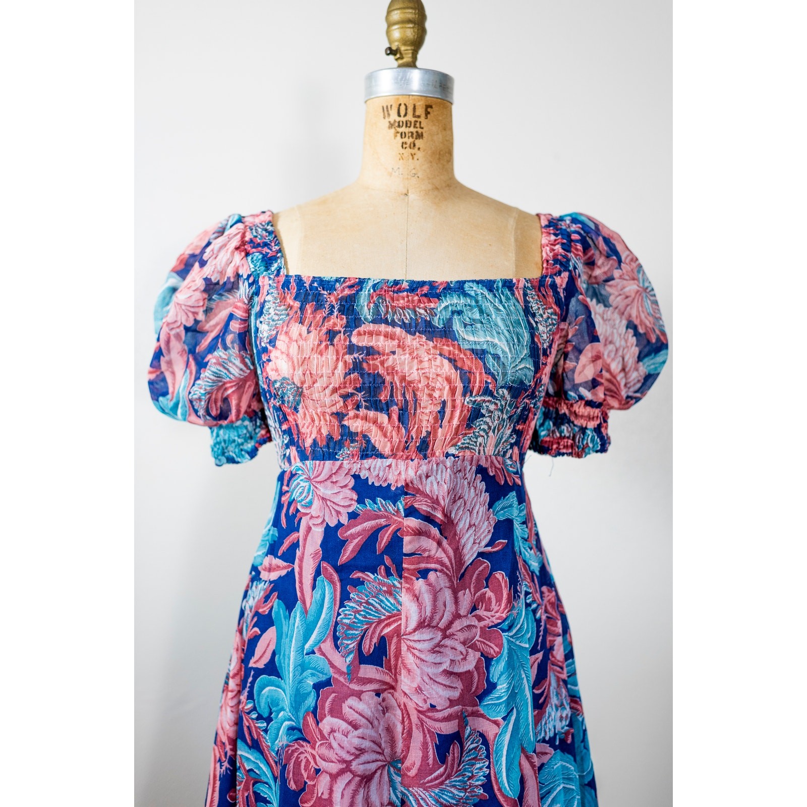 Vintage 70s Puff Sleeve Floral Maxi Dress Pink Blush Blue, Sheer Muslin Gauze XS