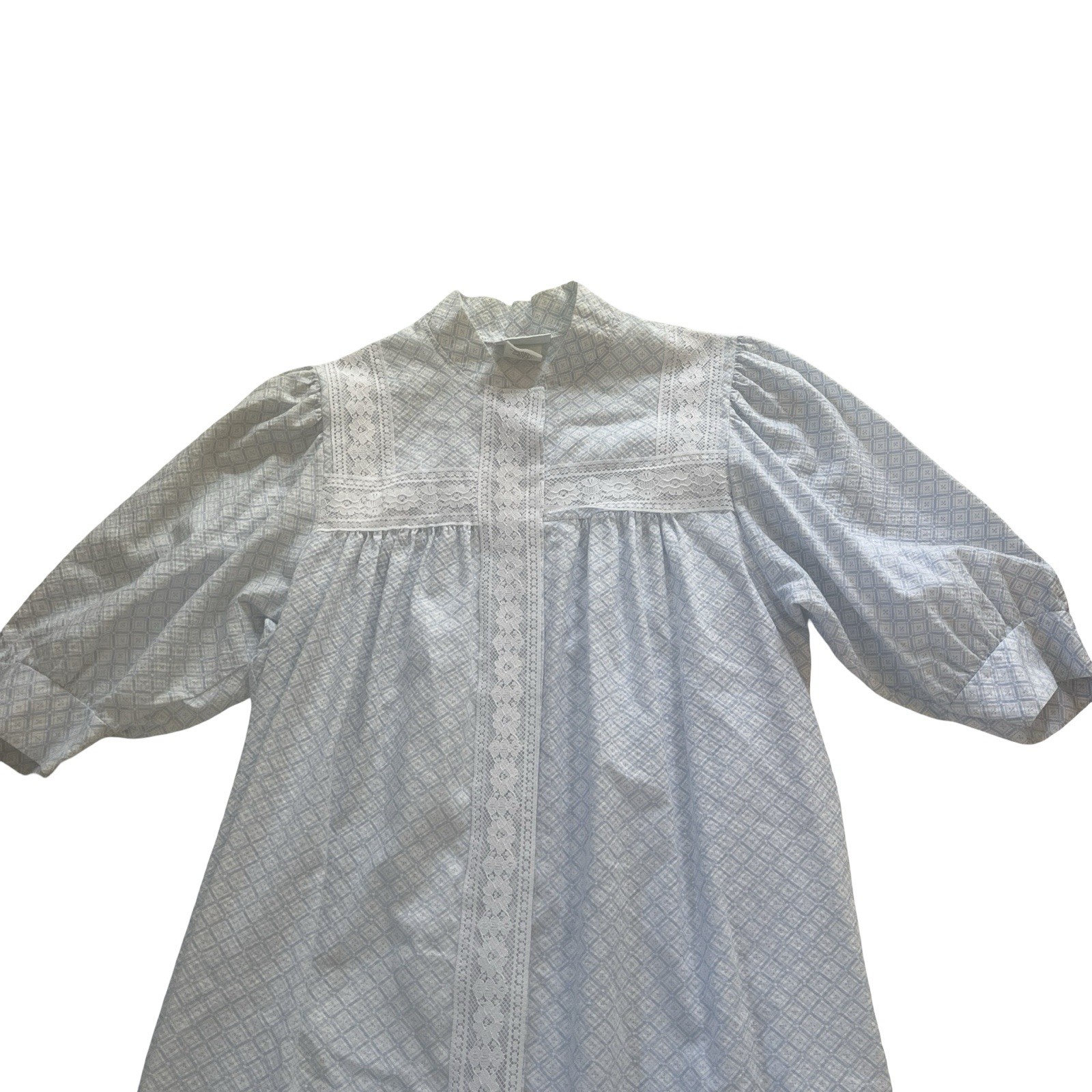 VTG Gilligan O’Malley Size M 12-14 Nightgown Lace Blue White Geometric Snap