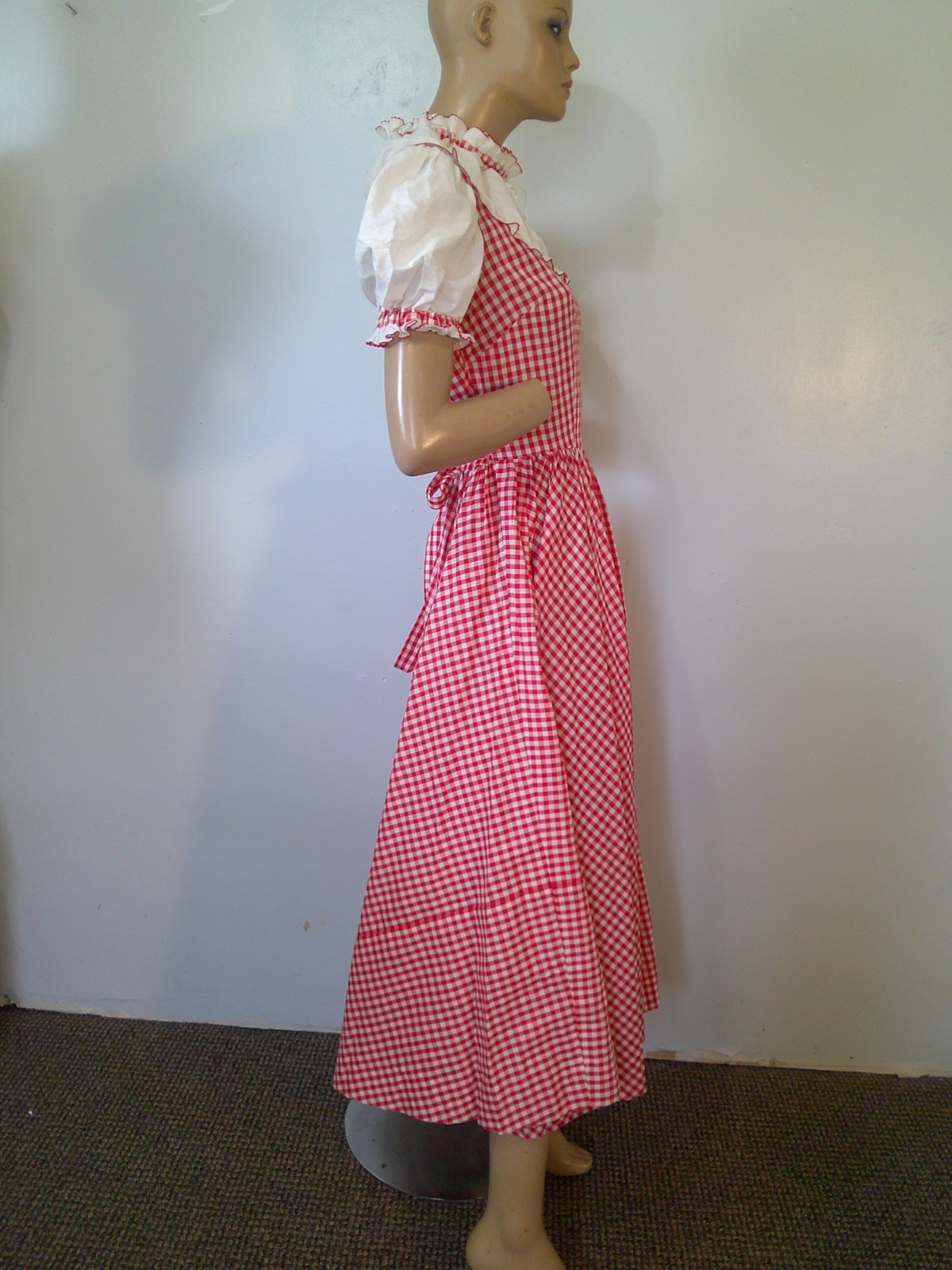 Vtg 70s Red/White Gingham Prairie Cottagecore 160″ Full Sweep Maxi Dress & Hat M