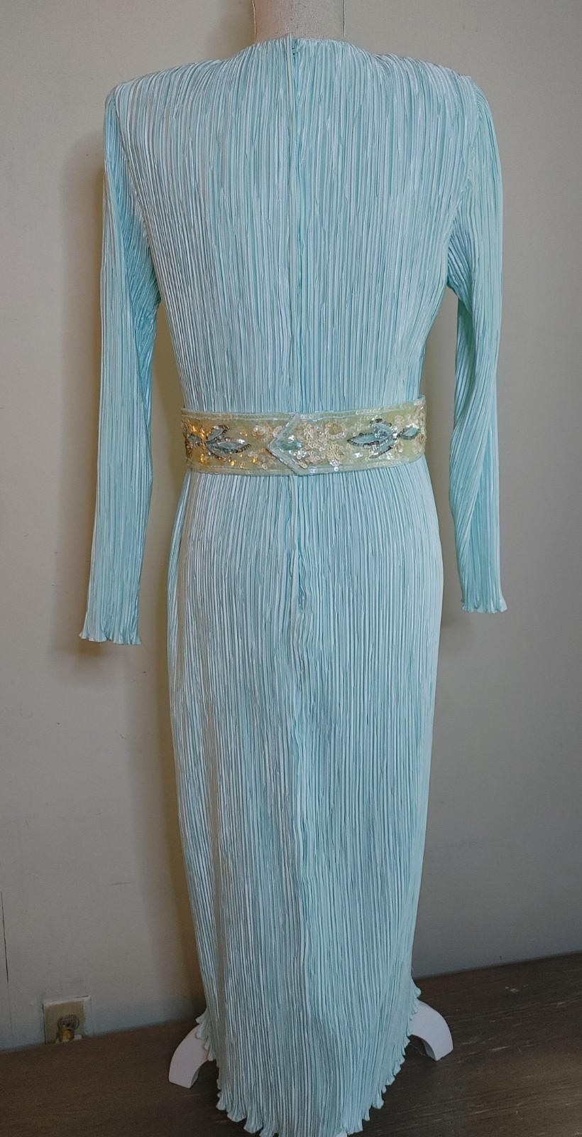 Vintage Ricki Lang Nuit Fortuny Pleat Evening Dress Deco Sequin 14 USA Union tag
