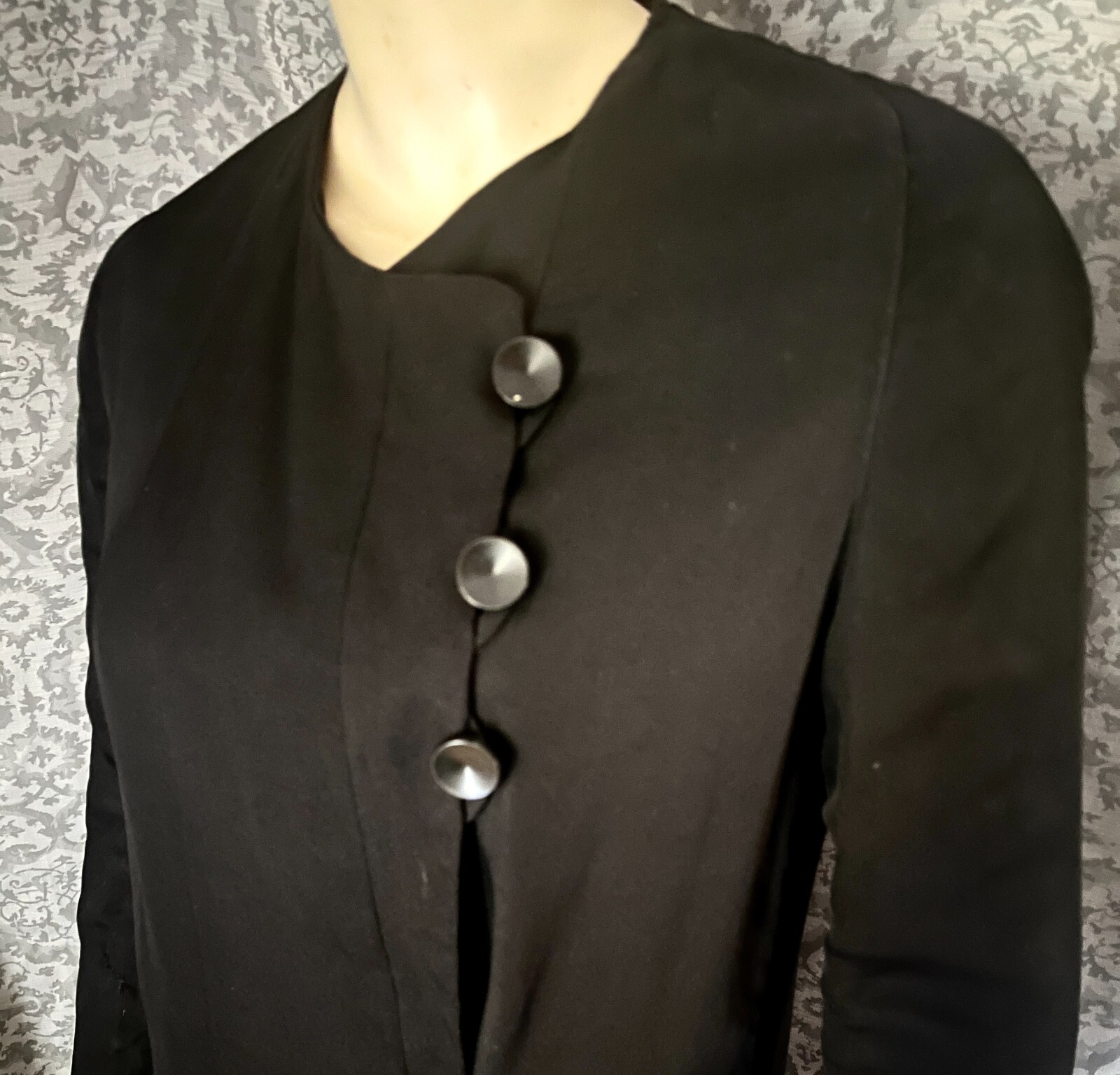 Elegant Inky Black 1920s Silk Occasion Coat, Inner Pocket, Raglan Sleeves, P-S