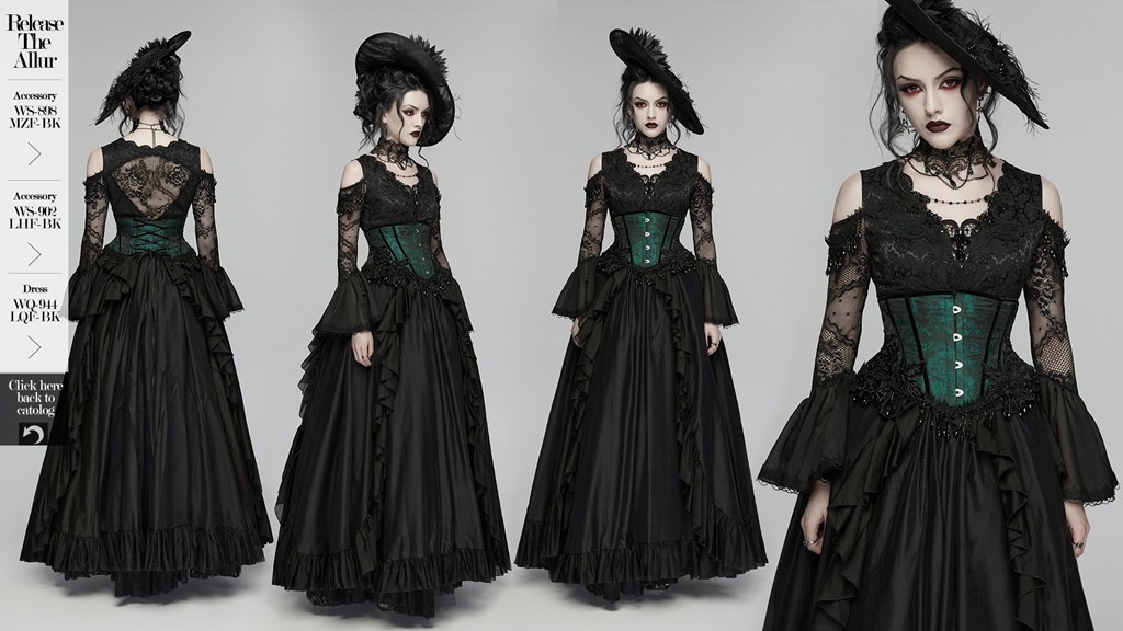 Punk Rave Women Black Gothic Rose Bead Tassel Waistband Slim Fit Corset