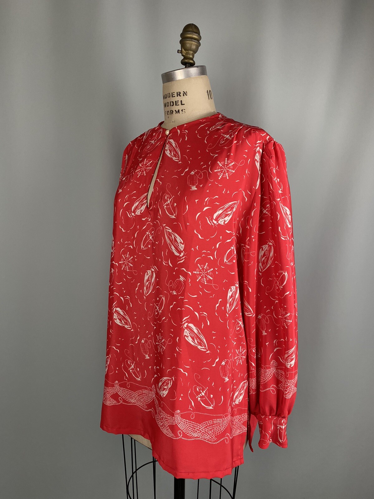 Handmade vintage blouse XL 52″ Bust EXTRA LARGE Nautical red white top tunic