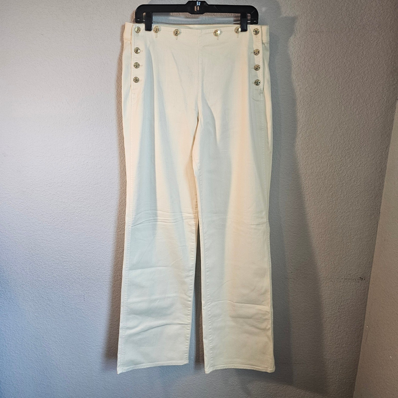 Express wide leg 12 long cream jean sailor old money classic preppy gold button