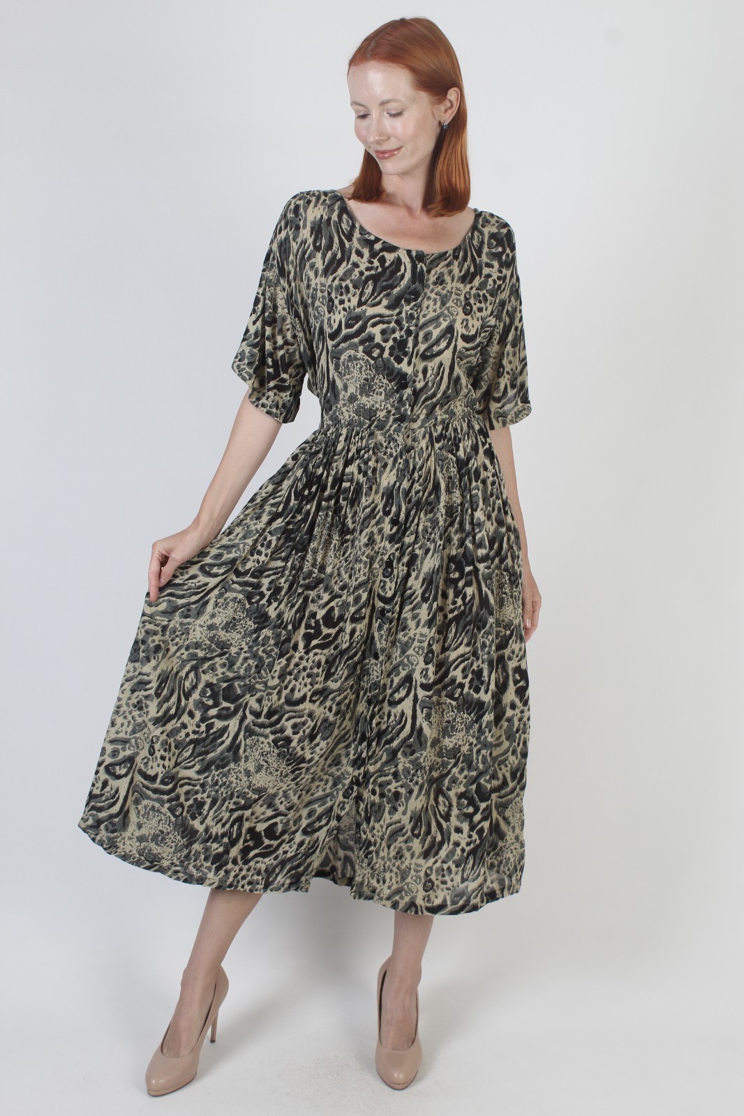 Vintage 90s Animal Print Dress Button Up Baggy Babydoll Skater Gypsy Grunge M