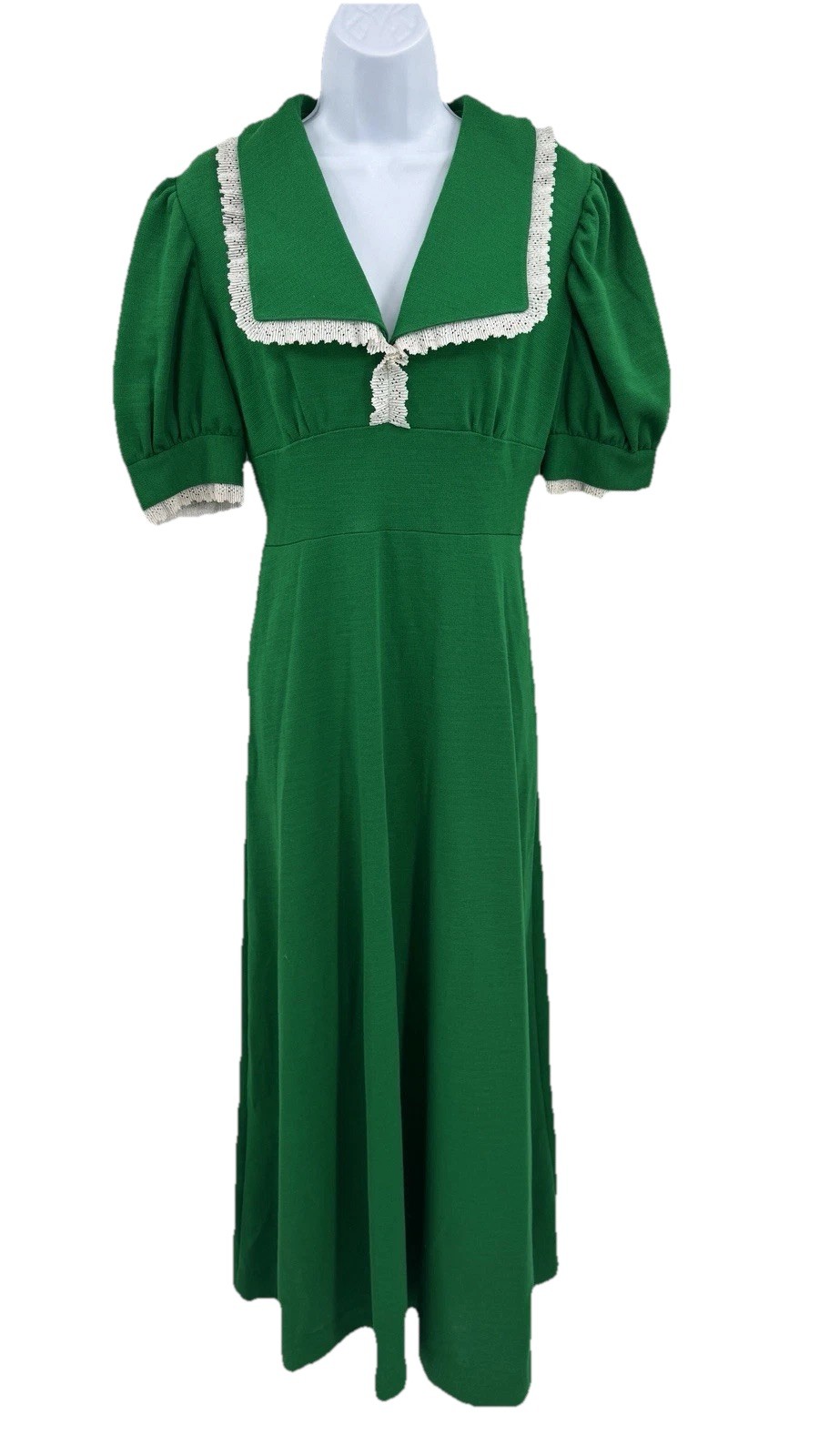 Vtg Kelly Green Knit Stretch Short Sleeve Long Dress Chest 39″ St Patricks Day