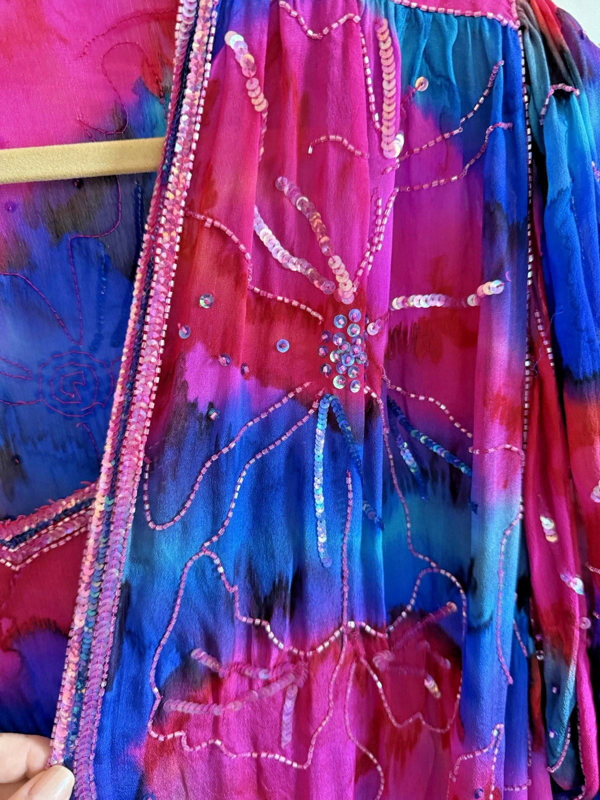 Vintage Judith Ann Creations Pink Purple Silk Beaded Dress – Size Large