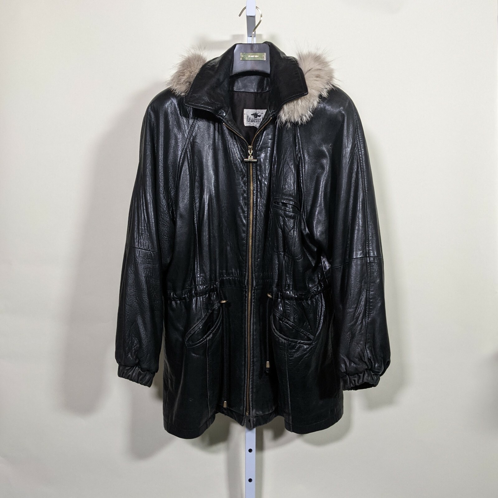 Damselle New York City Vintage Soft Black Leather Fur Hood Parka Jacket Large