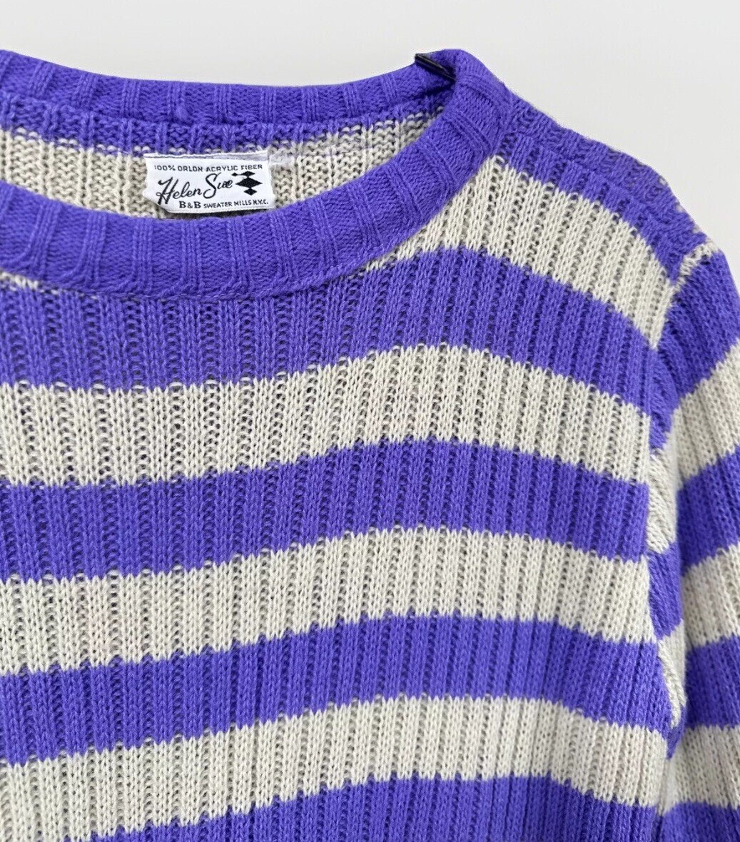 Vintage Short Sleeve Knit Sweater Purple Stripe Helen Sue Acrylic