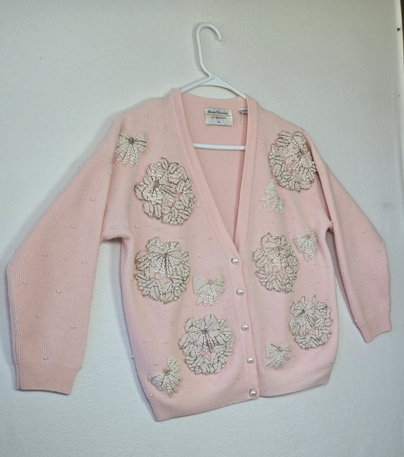 Vtg 90s Grandmacore Cardigan Marisa Christina Bead Embroidered Bows Sz L Wool