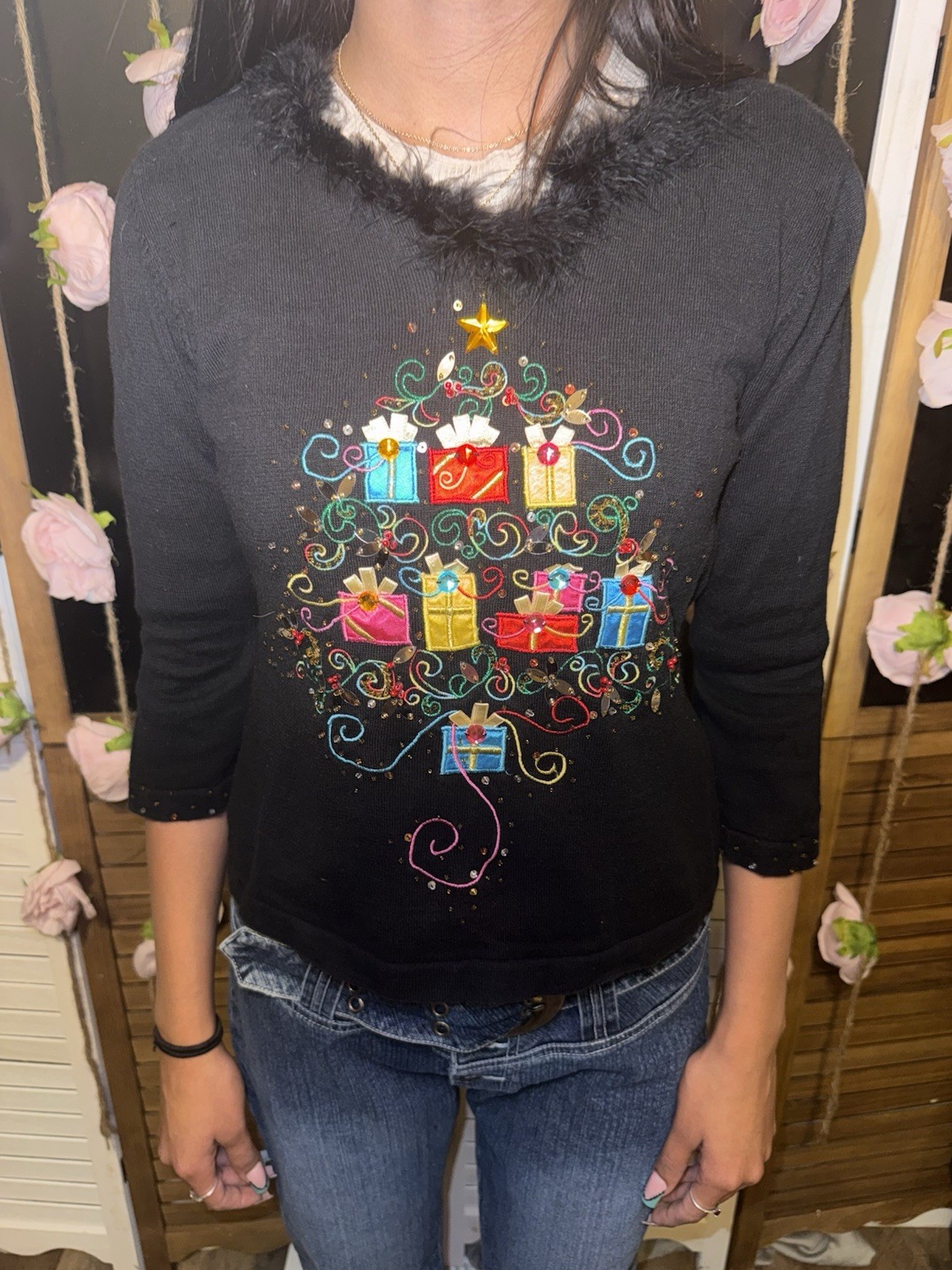 Jack B. Quick Vintage Christmas Gifts Fur Collar Pull Over Sweater. Size Small