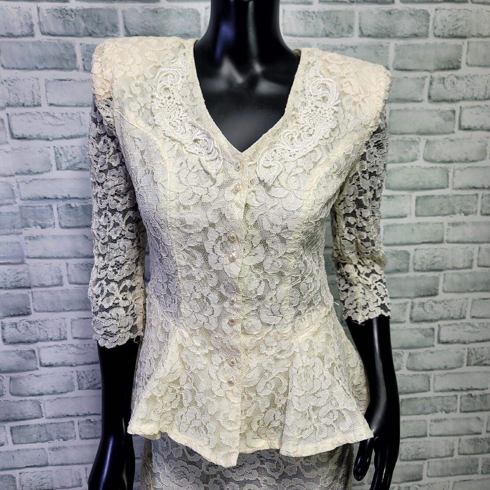 Vintage 80s Termeh NY S Ivory Lace Peplum Skirt Suit Set Bridal Jackie O