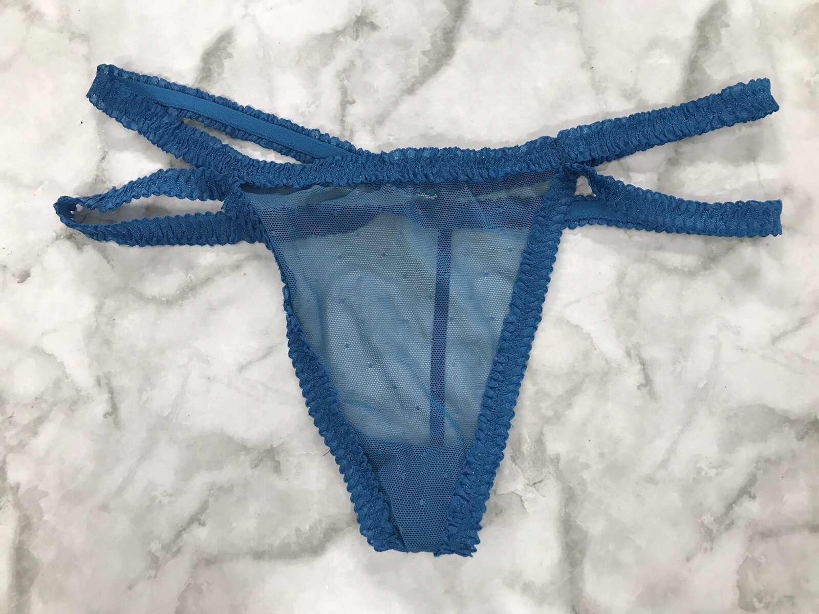 Vintage Thong String Polka Dot Size Medium Blue Double Straps Mesh very Rare!